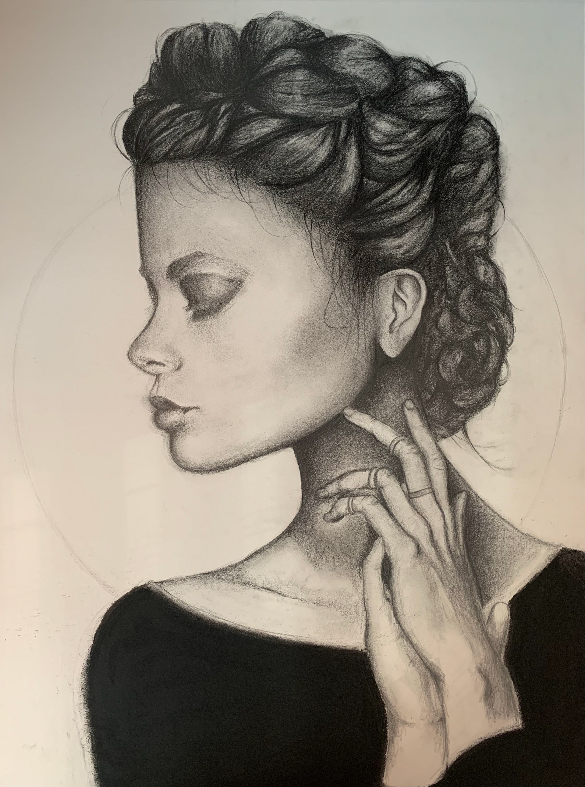 Interpretive drawing and process of photograph by GretaTu (deviantart.com/gretatu/art/raw-X-352582103) Used: Graphite range HB-8B, charcoal sticks and pencils, photoshop for pink lighting. No special blending techniques used. Process: First I roughly sketched out a face I liked then used photo as reference for pose and lighting. Focused on overall form and shadows.