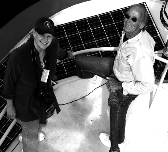 On a tugboat during Harbor Days with Ernie Brooks, famous underwater photographer and Past-Director of Brooks Institute