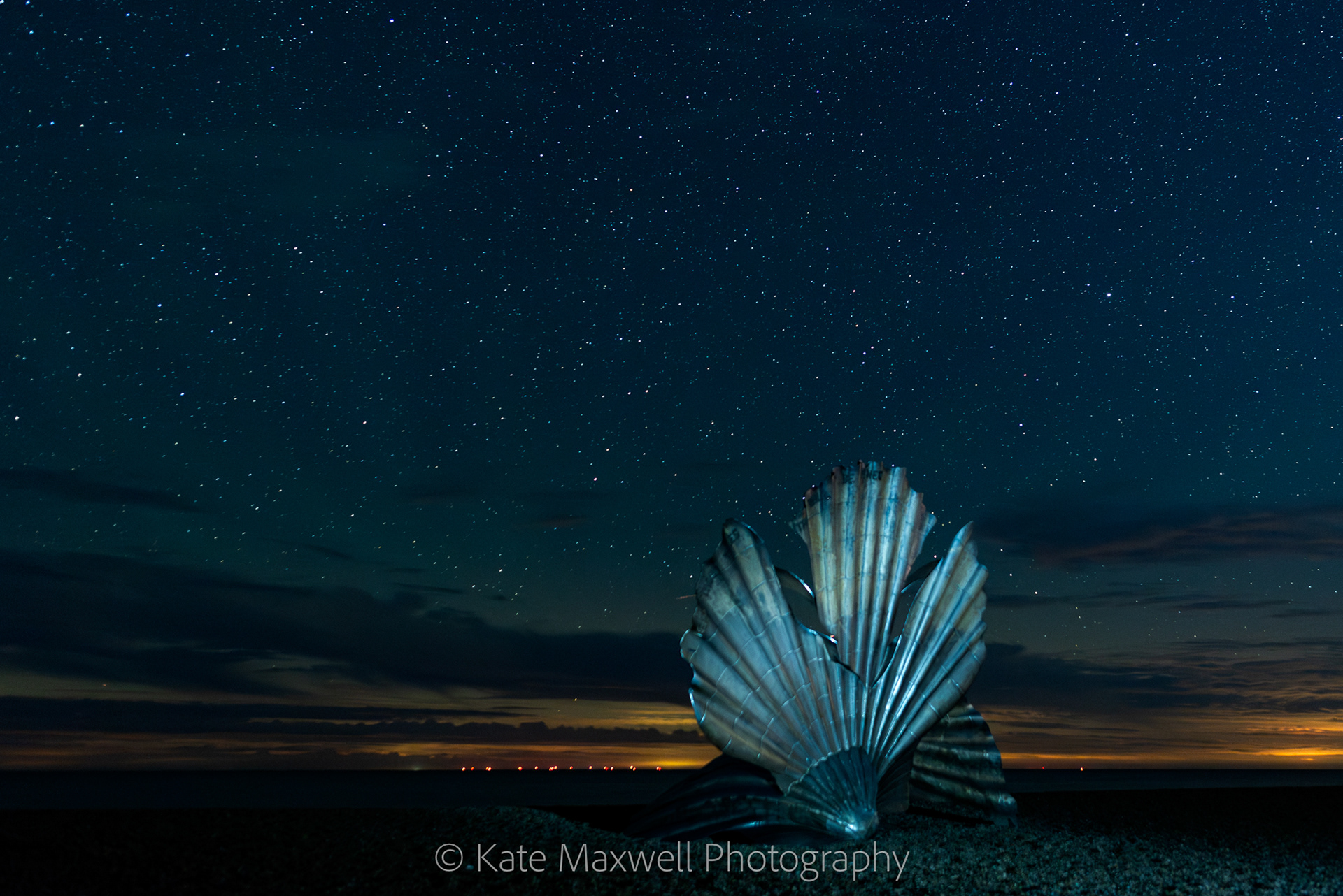 Maggie Hambling's Scallop under the stars at Aldeburgh, Suffolk