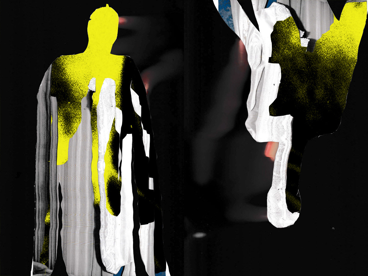Illustration still from "Ouroboros" collage and layered images depicting feeling being pulled apart from responsibility - 2024.