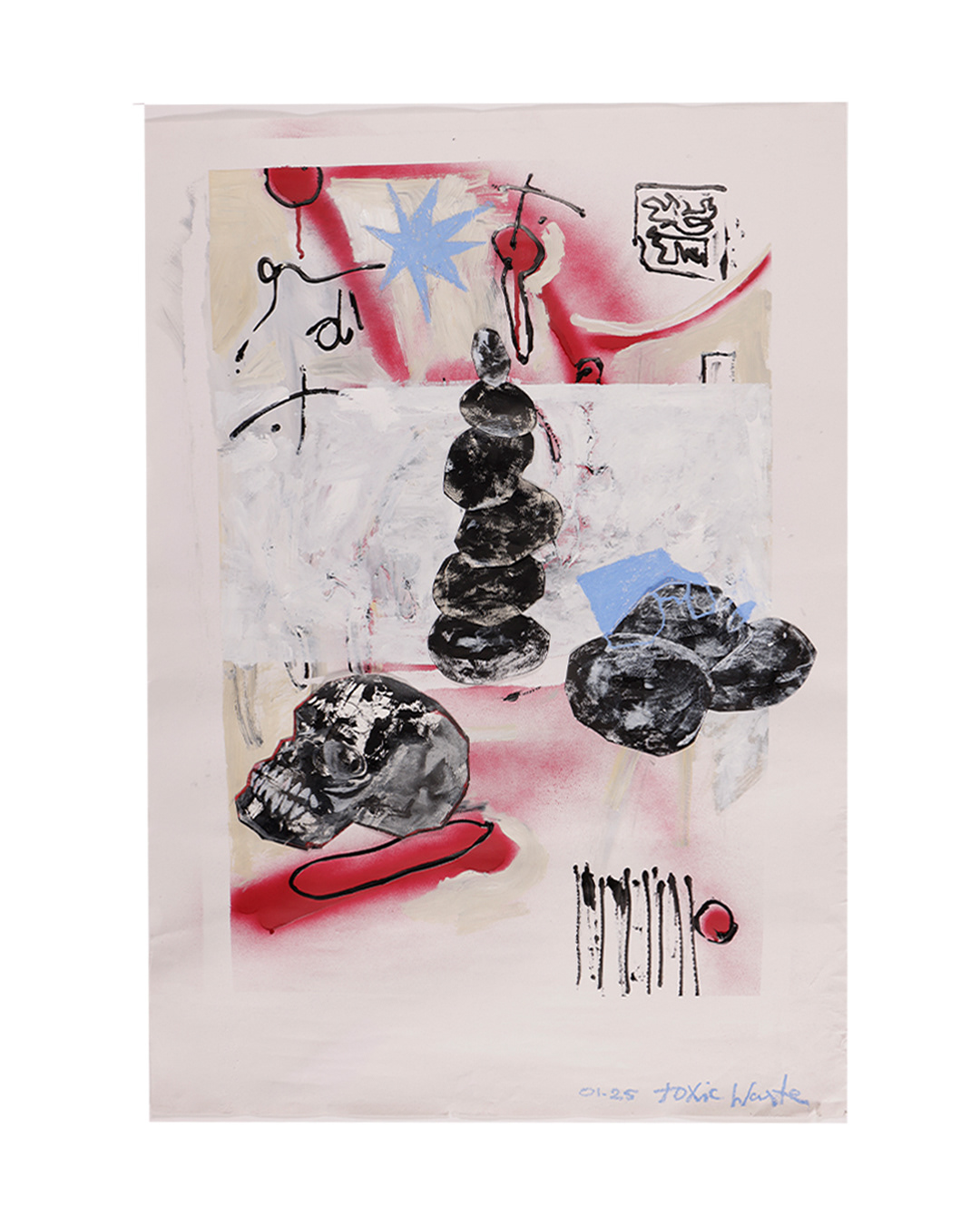'Toxic Waste' - Mixed media on paper, A1 (Spray paint, collage, acrylic, ink and oil stick.)