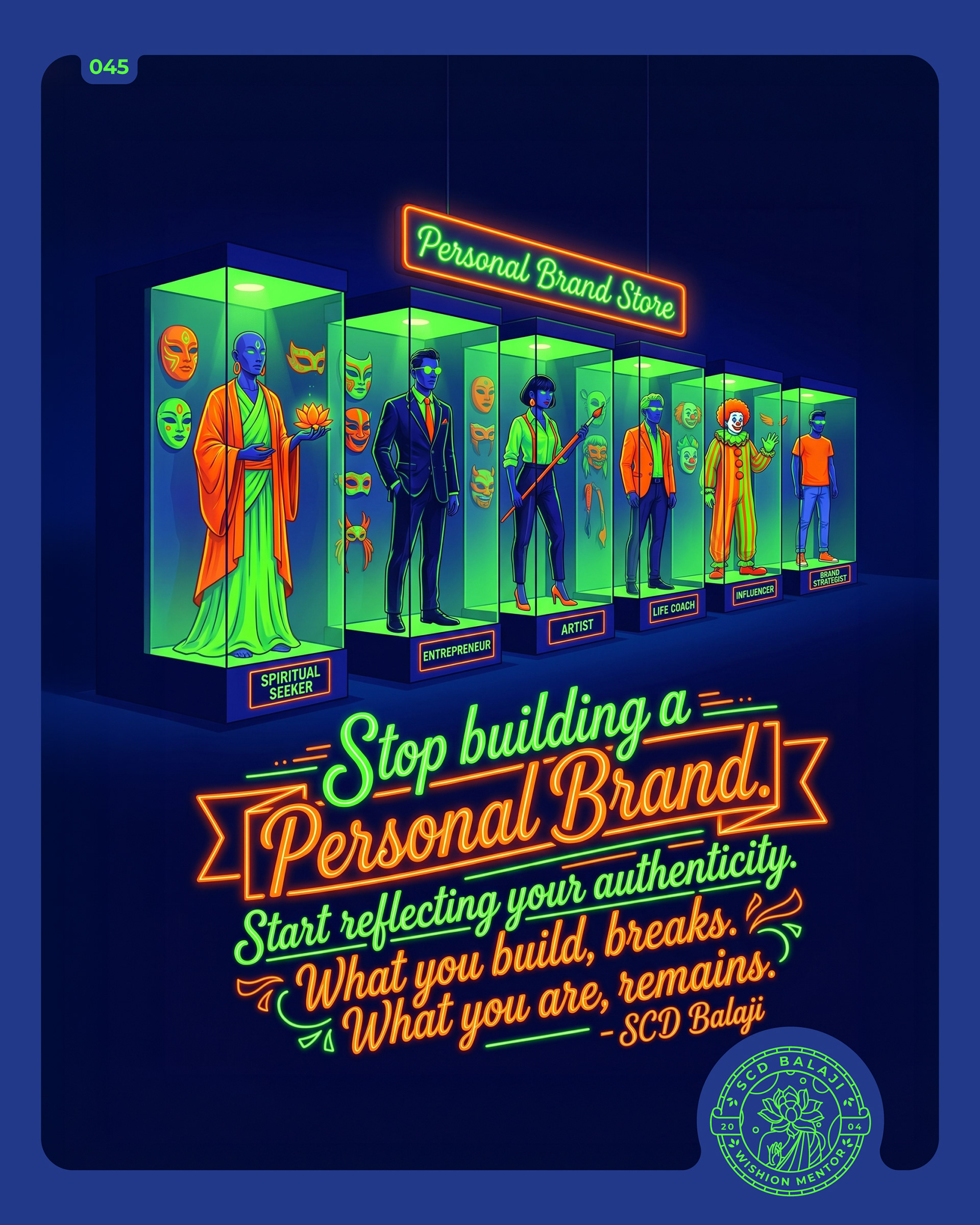 Illustrative lettering poster with the quote “Stop building a Personal Brand. Start reflecting your authenticity. What you build, breaks. What you are, remains.” – SCD Balaji, featuring a symbolic “Personal Brand Store” filled with glass display cases of identity-based mannequins, including a Spiritual Seeker, Entrepreneur, Artist, Life Coach, Influencer, and Brand Strategist, representing curated personas and the contrast between branding and authenticity.