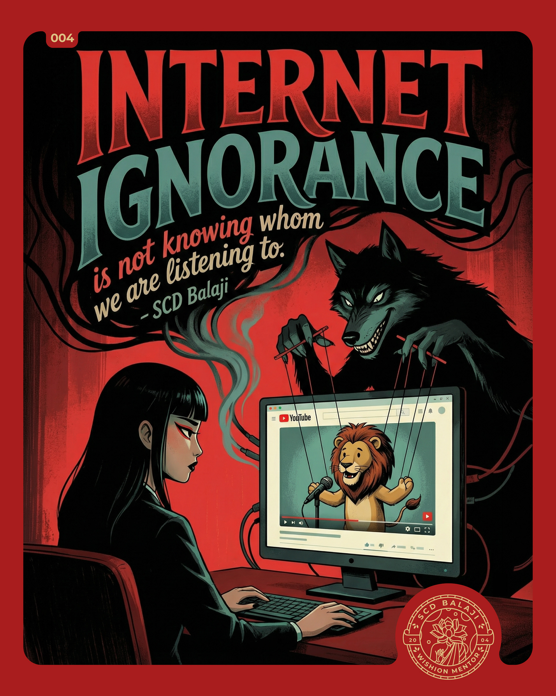 lllustrative lettering poster with the quote “INTERNET IGNORANCE is not knowing whom we are listening to.” Subtext reads “– SCD Balaji, Wishion Mentor. A dramatic red-and-black scene shows a modern woman seated at a computer watching a lion speaking into a microphone on a YouTube-style screen, while a dark wolf above manipulates the lion like a puppet with strings—symbolizing fake influence and online manipulation. Smoke-like wires flow around the screen, creating a tense digital atmosphere in anime style