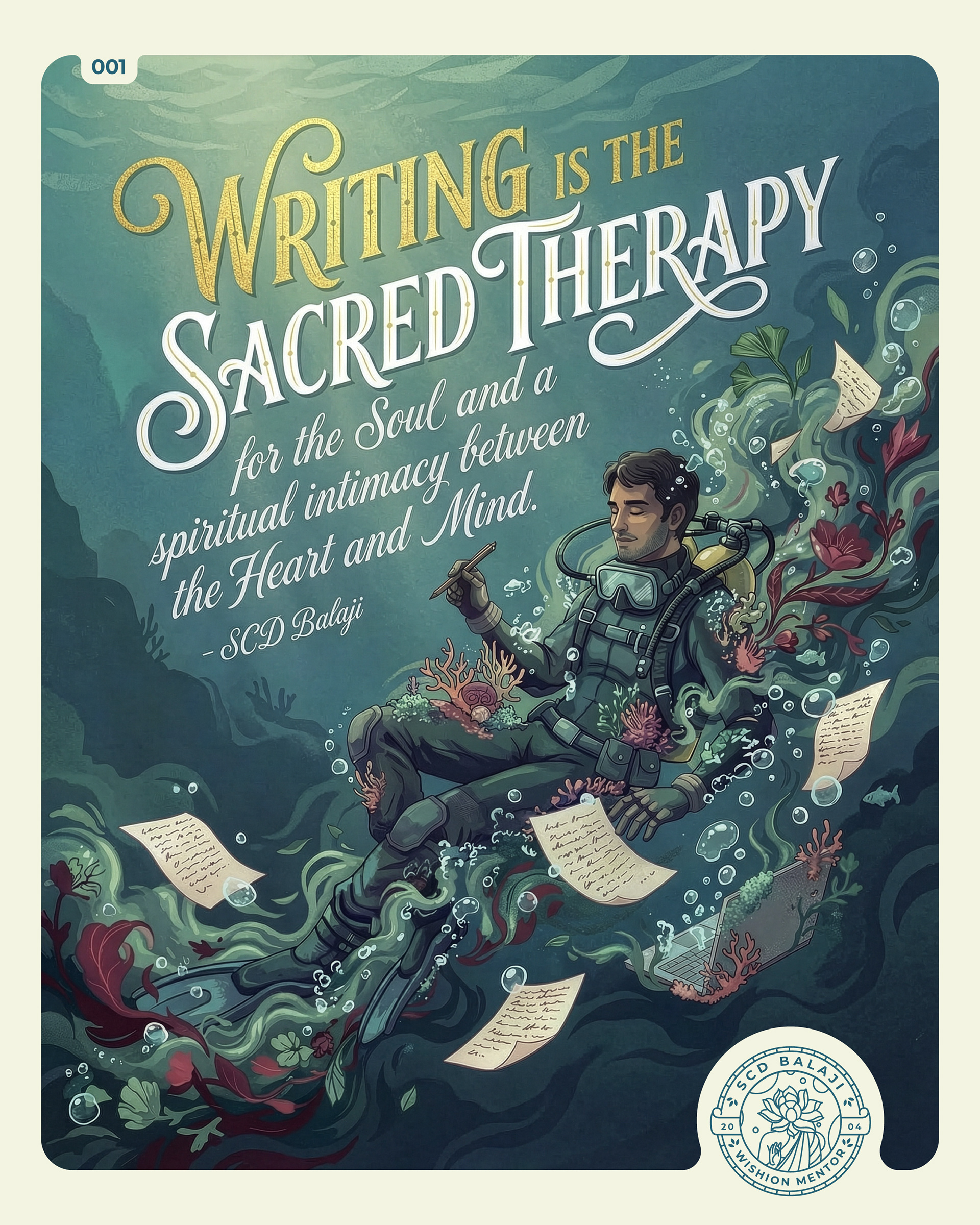 -           Illustrative Lettering poster with the headline “WRITING IS THE SACRED THERAPY.” Subtext reads, “for the Soul and a spiritual intimacy between the Heart and Mind. – SCD Balaji.” A calm scuba diver floats underwater holding a pencil, surrounded by drifting handwritten pages, bubbles, seaweed, and coral in teal-green tones. “001” appears at the top-left, and a bottom-right badge reads “SCD BALAJI – TRANSFORMATIVE ARTIST.”