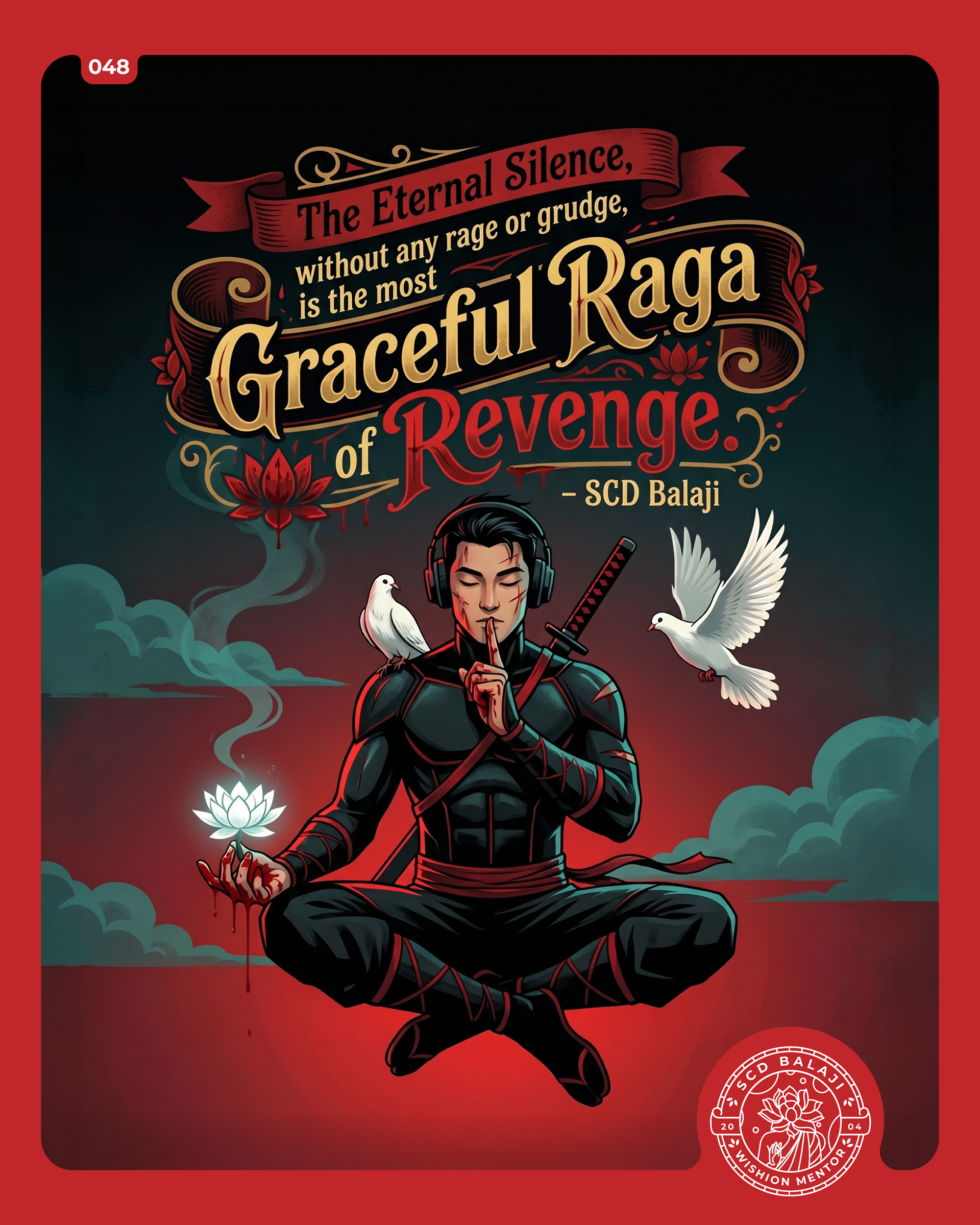 Illustrative lettering poster with the quote “The Eternal Silence, without any rage or grudge…” – SCD Balaji, featuring a calm warrior seated in meditation against a dramatic red-and-black backdrop. With one finger placed over his lips in a gesture of silence, he holds a glowing white lotus while bearing visible scars and wounds. White doves surround him, symbolizing peace and transcendence, as the composition contrasts inner serenity with the aftermath of conflict, portraying silence as the highest form of response.