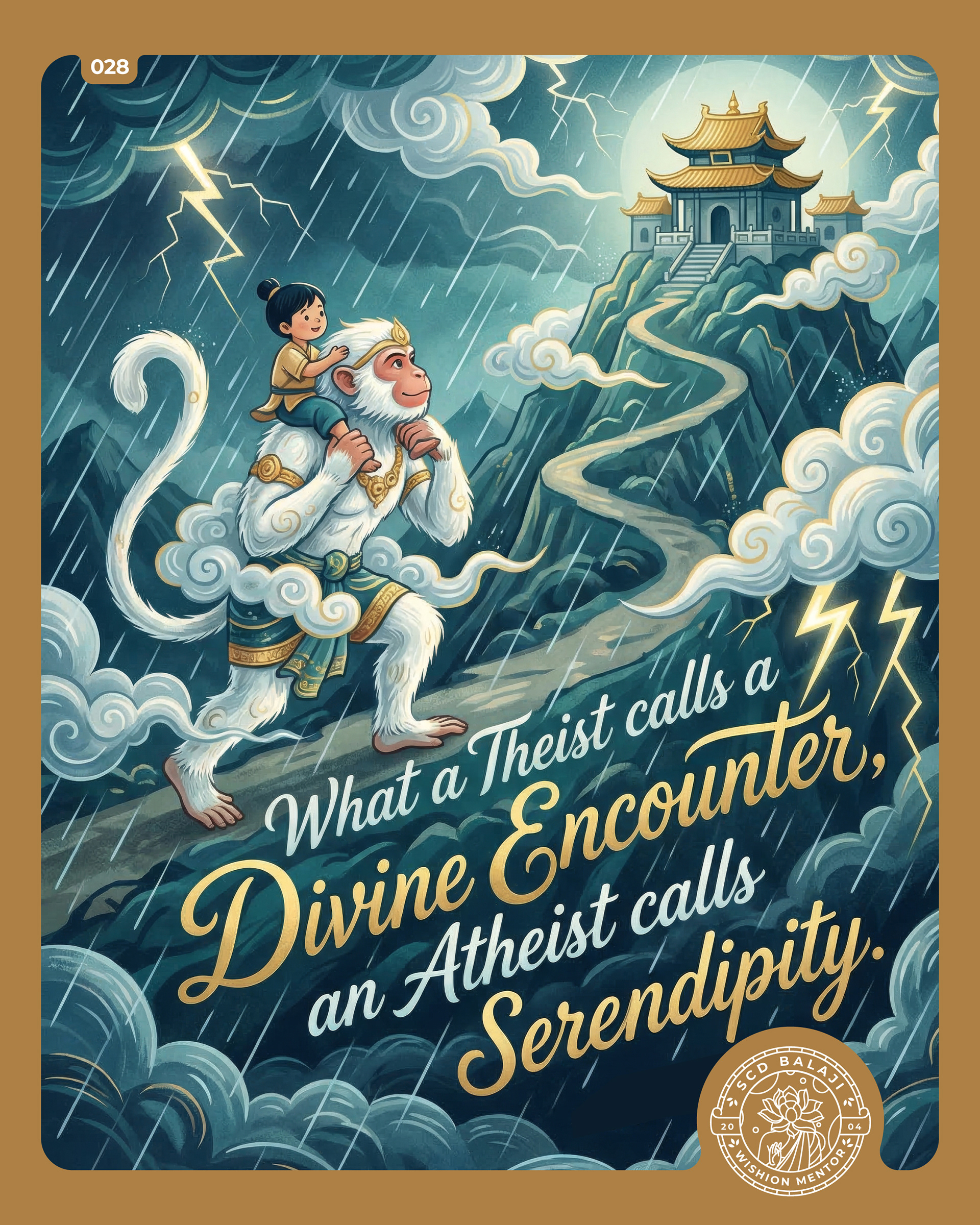 Illustrative lettering poster with the quote “What a Theist calls a Divine Encounter, an Atheist calls Serendipity.” by SCD Balaji featuring a mystical mountain path where a white monkey form of Lord Hanuman carries a child on his shoulders, walking toward a temple at the peak during heavy rain and a thunderstorm. The two appear to be in a casual, comforting conversation amidst the intense setting symbolizing the contrast in perception between faith and chance.