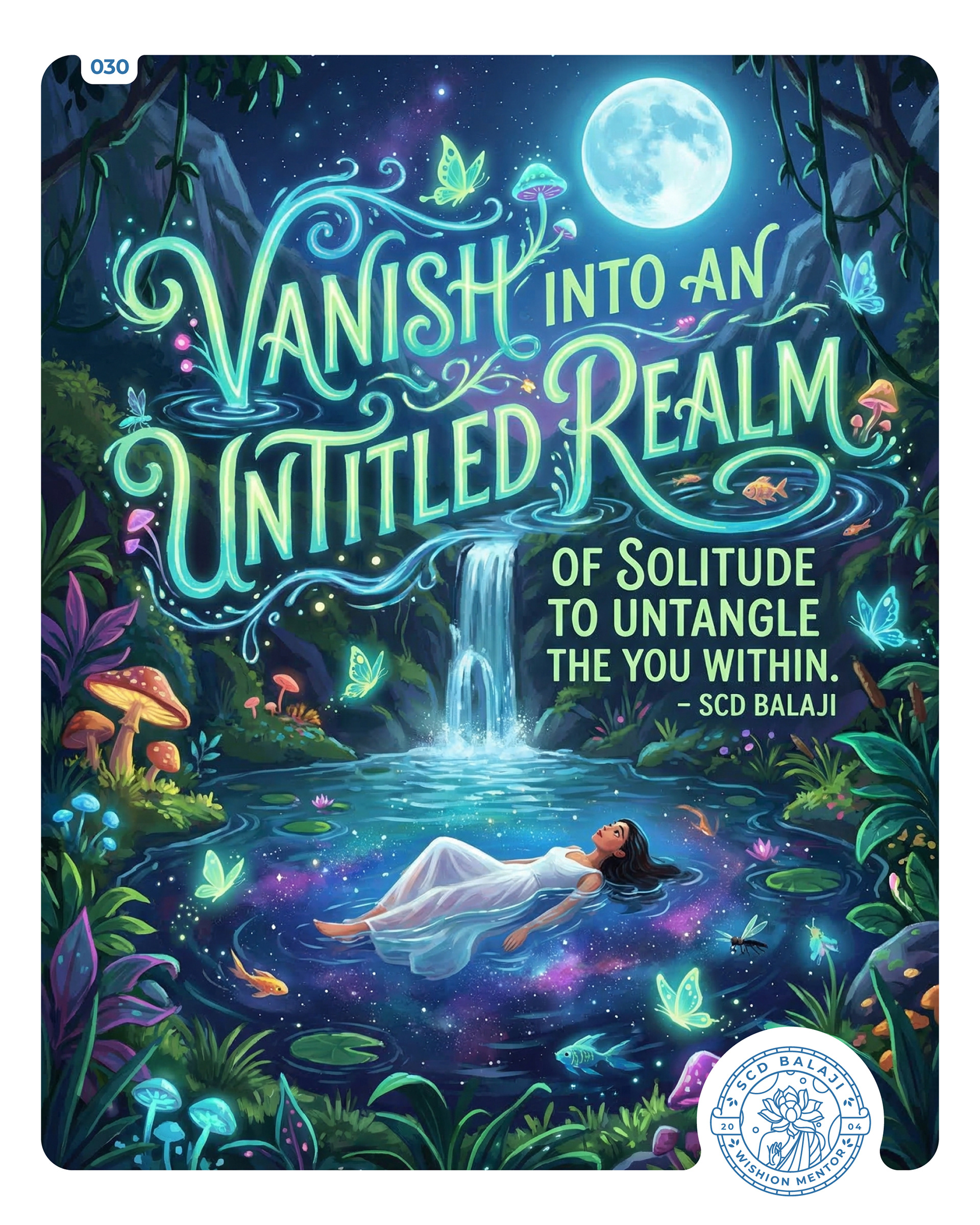 Illustrative lettering poster with the quote “Vanish into an Untitled Realm of Solitude to Untangle the you within.” by SCD Balaji featuring a mystical top-view scene of a free-spirited gypsy woman floating peacefully in a forest pond beneath a full moon. Surrounded by bioluminescent flora, a cascading waterfall, and glowing wildlife, the water reflects a star-filled sky and galaxy, creating the illusion of her drifting through the cosmos—symbolizing solitude, inner exploration, and transcendence.