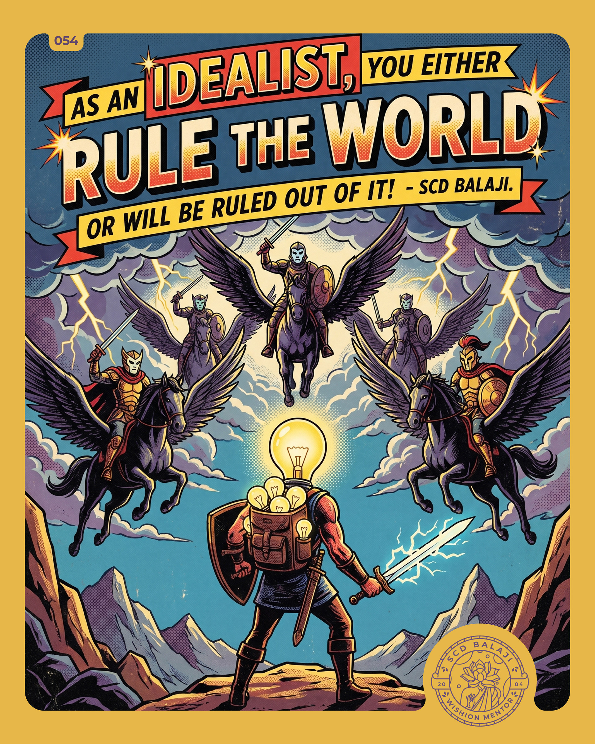 A warrior with a glowing bulb head, holding a light-orb sword and a glowing shield, having lot of glowing bulbs in his backpack, looks upward and faces five divine demons emerging from clouds and thunder above a black Pegasus—a very cinematic scene.