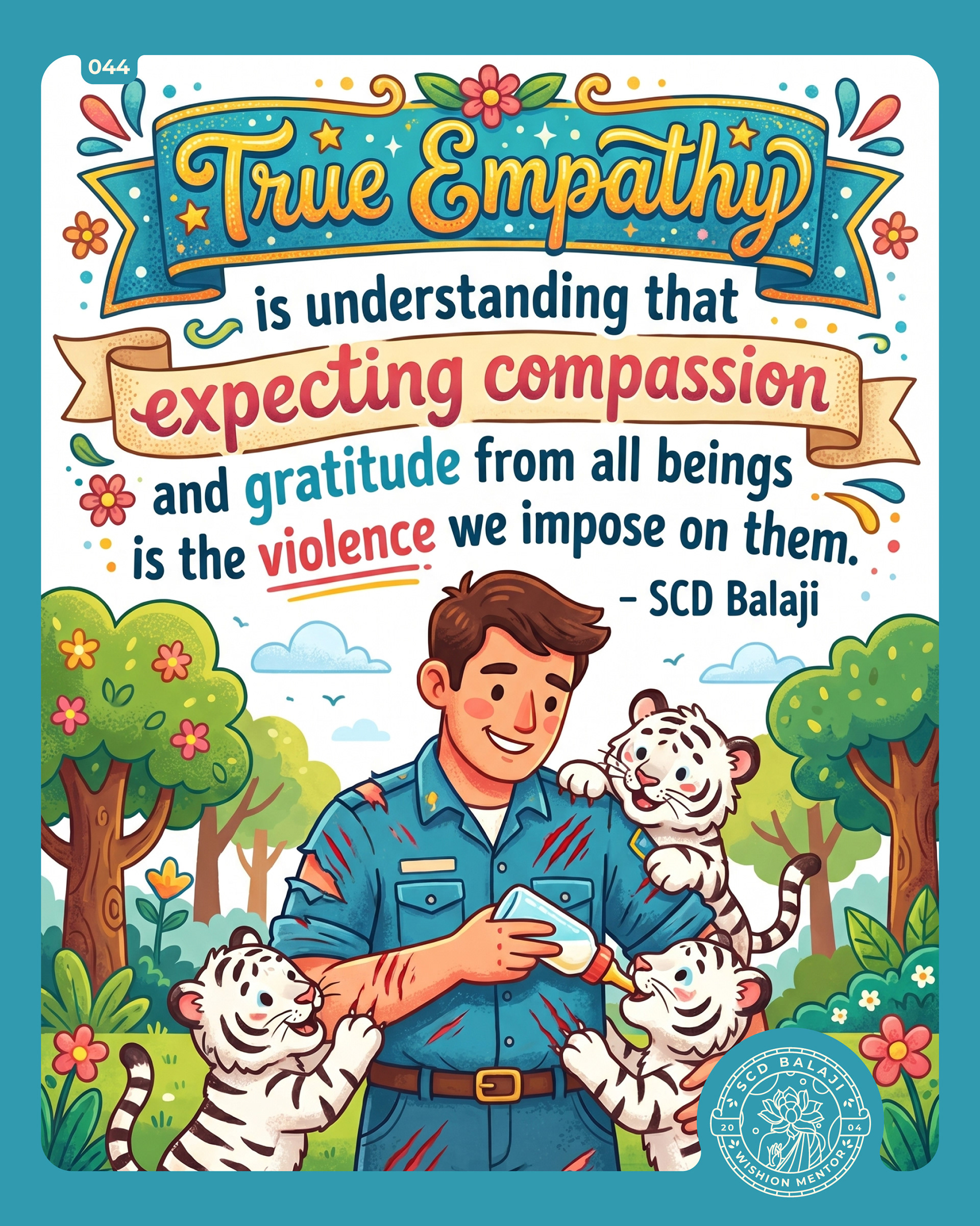 Illustrative lettering poster with the quote “True Empathy is understanding that expecting compassion...” – SCD Balaji, featuring a deeply emotional scene of a compassionate zookeeper gently feeding milk to white tiger cubs through feeding bottles. While the cubs appear playful and innocent, the caretaker’s body and clothing are covered in scratches, tears, and blood marks caused by their claws, symbolizing the painful reality of nurturing beings who may not yet understand the depth of the love being given to them.