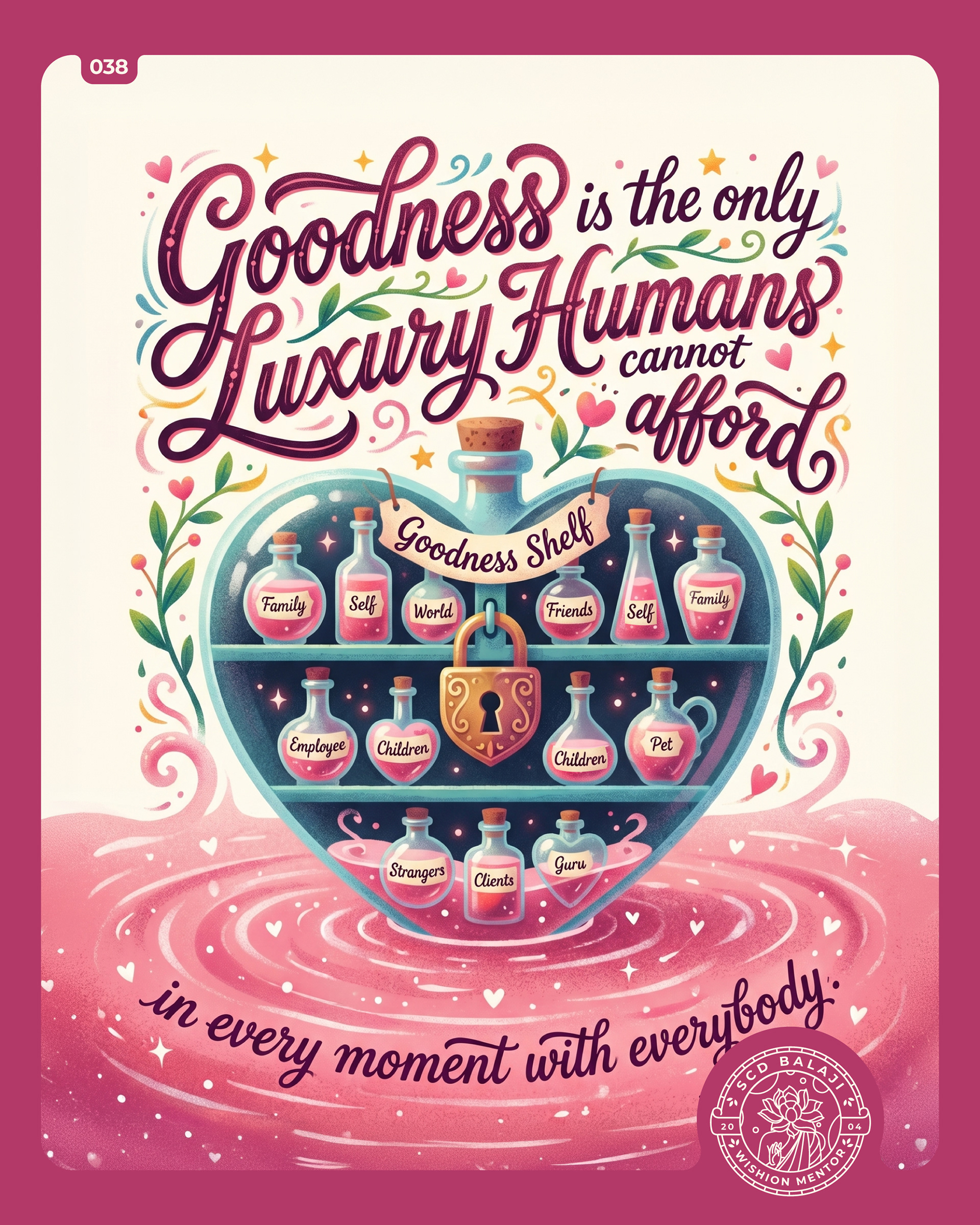 Illustrative lettering poster with the quote “Goodness is the only Luxury Humans cannot afford in every moment with everybody.” by SCD Balaji featuring a surreal scene of a heart-shaped locked glass shelf labeled “Goodness Shelf,” holding small potion bottles marked “Family,” “Self,” “World,” “Friends,” “Employee,” “Children,” “Pet,” “Strangers,” “Clients,” and “Guru,” each filled with varying levels of potion. The shelf floats within an infinite pool of glowing pink liquid filled with tiny white heart and mystical symbols, representing the selective distribution of goodness across relationships.