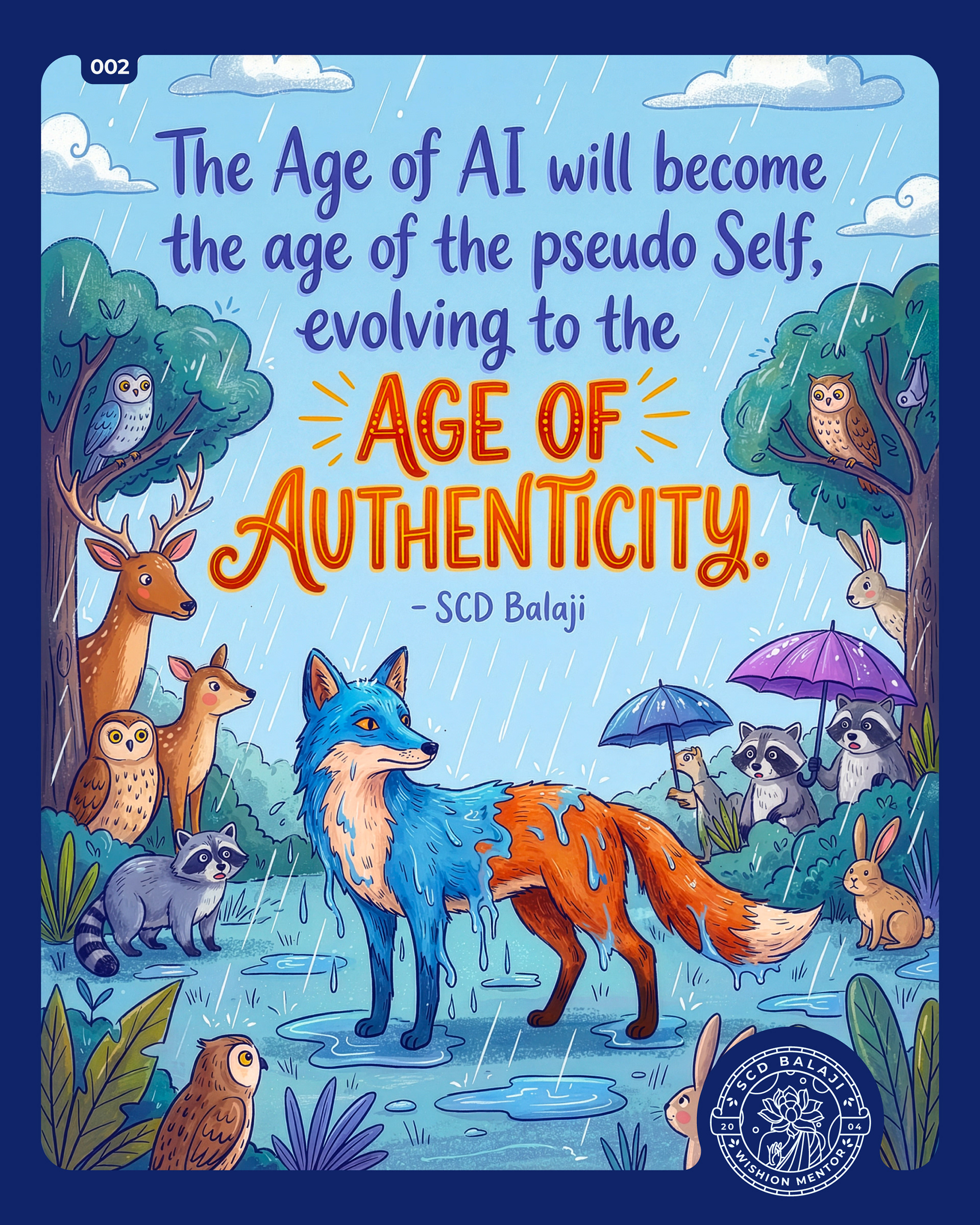 Illustrative lettering poster with the quote “The Age of AI will become the age of the pseudo Self, evolving to the AGE OF AUTHENTICITY.” Subtext reads “– SCD Balaji.” A colorful fox stands in the rain where the colors in its body are melting away, showing its true nature, surrounded by forest animals like deer, owls, raccoons, rabbits, and birds—some holding umbrellas—symbolizing truth emerging from artificial layers. Soft blue skies, clouds, trees, and puddles create a whimsical nature scene. “002” appears at the top-left, and a circular badge at the bottom-right reads “SCD Balaji – Wishion Mentor.”