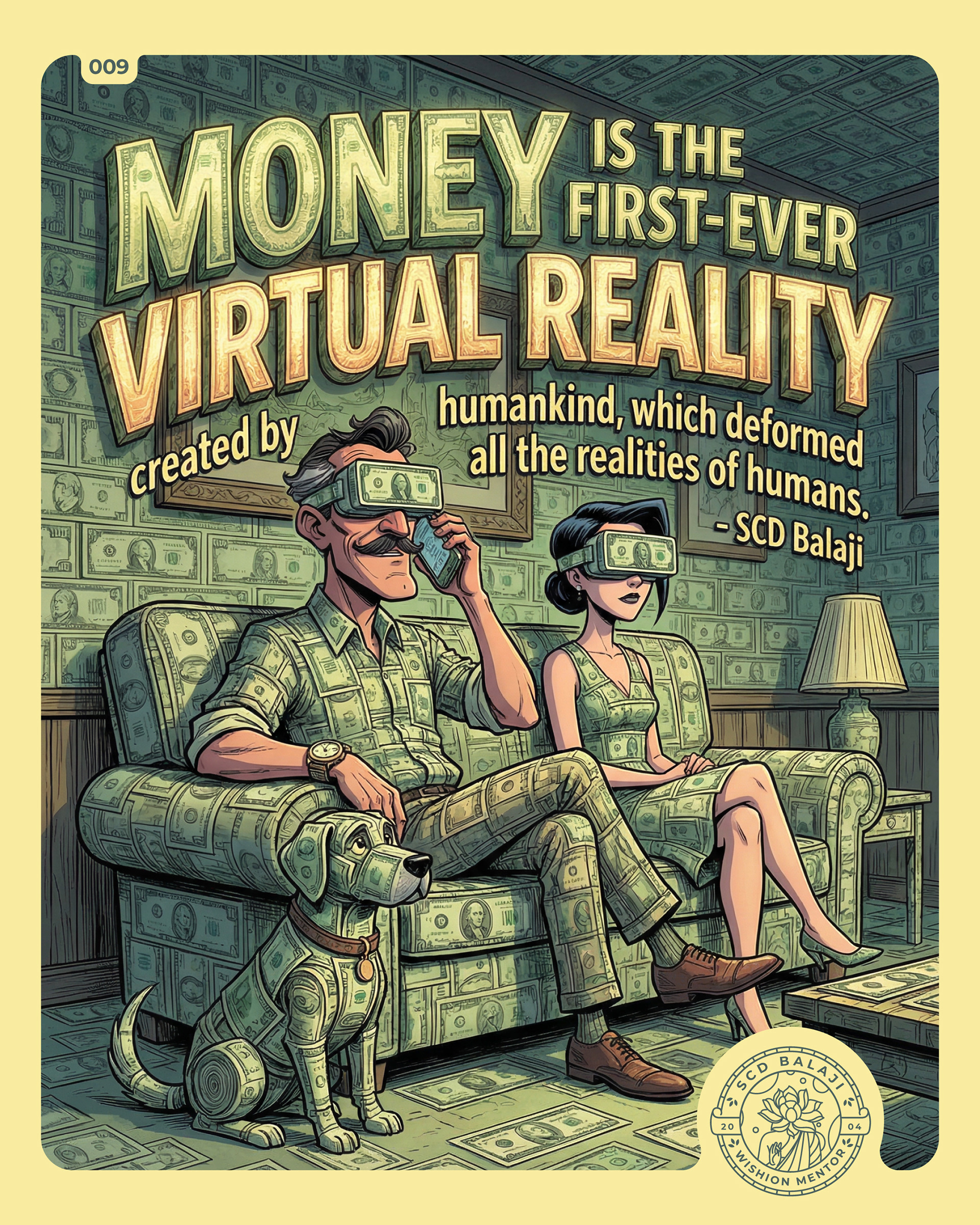 **Illustrative lettering poster with the quote “Money is the first-ever virtual reality” by SCD Balaji**, offers a sharp critique of money and perception. The artwork shows a man and woman seated in a living room entirely made of currency, wearing VR-like goggles shaped from banknotes, with a dog also formed from money. Rendered in muted green tones with vintage illustration styling, the scene symbolizes how money distorts identity, values, reality, and human judgment.