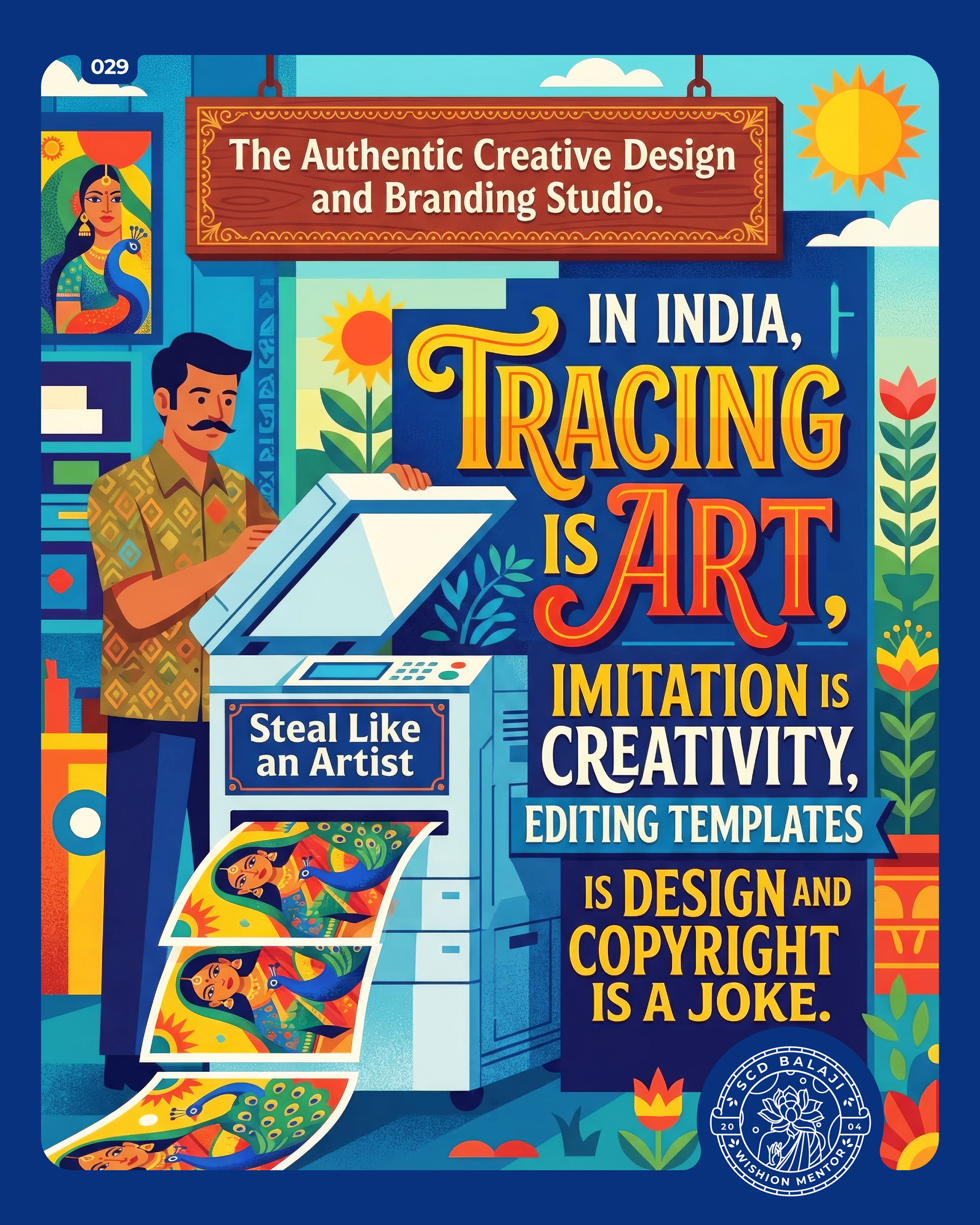 Illustrative lettering poster with the quote “In India, Tracing is Art…” by SCD Balaji featuring a satirical scene of an Indian man operating a copier machine inside a local shop, mass-producing copies of a beautiful illustration. A signboard reads “The Authentic Creative Design and Branding Studio,” while the copier machine humorously displays the text “Steal Like an Artist.” The composition reflects irony around originality, imitation, and creative ethics.