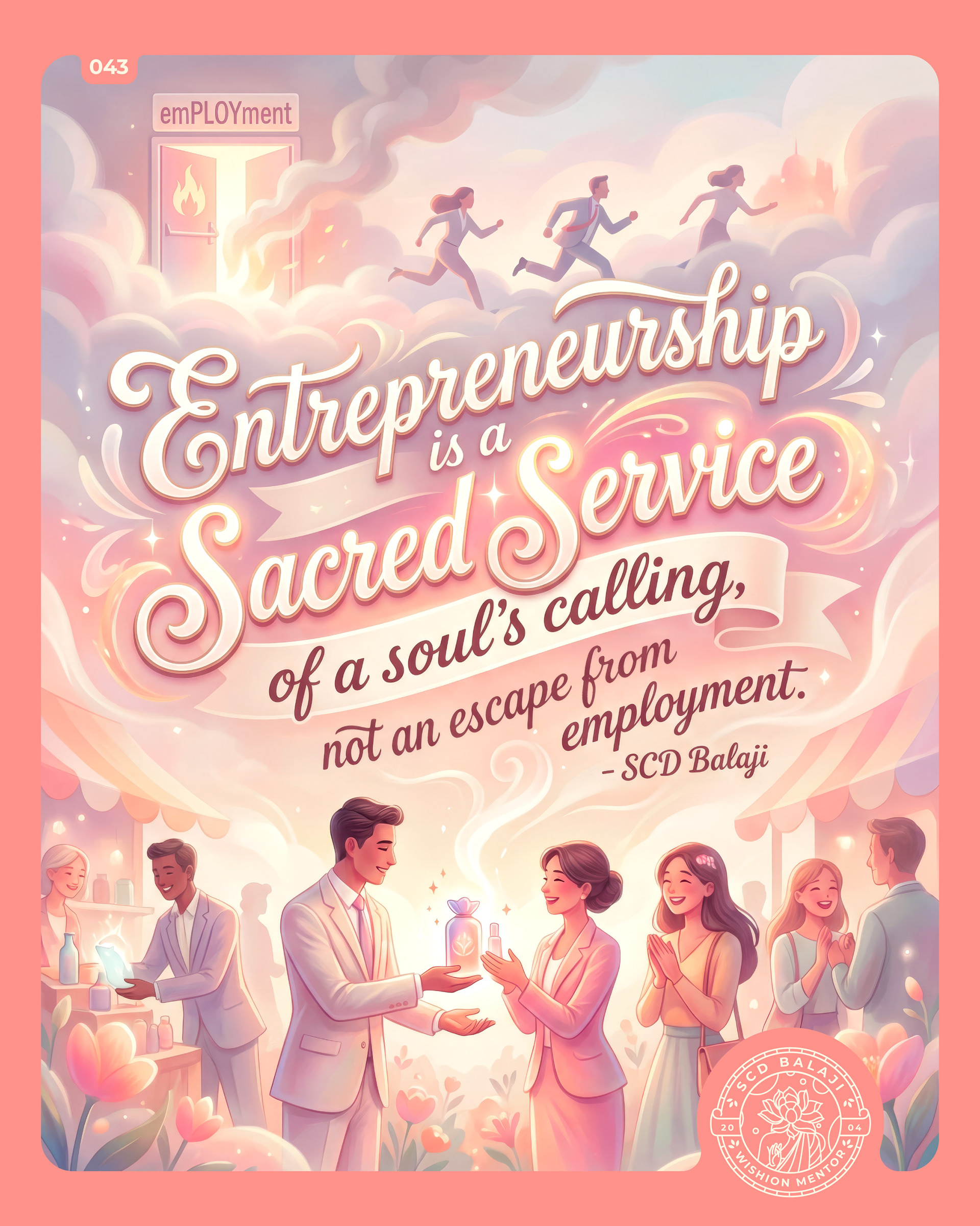 Illustrative lettering poster with the quote “Entrepreneurship is a Sacred Service of a soul’s calling.” – SCD Balaji, featuring a warm, uplifting scene of entrepreneurs in elegant suits gracefully presenting their products to happy, engaged consumers in a pleasant environment. In the distant sky above the clouds, a contrasting vision unfolds where people are seen running out of a fire exit door labeled “emPLOYment,” symbolizing a shift from survival-driven work to purpose-led creation.