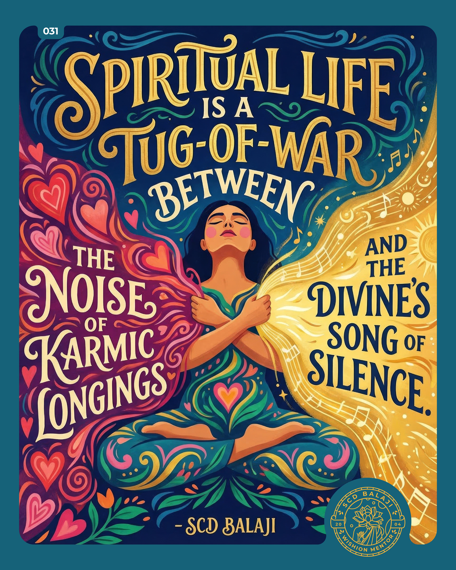Illustrative lettering poster with the quote “Spiritual Life is a Tug-of-War…” by SCD Balaji featuring a meditative woman at the center, her face gently tilted upward as opposing forces pull her arms. On the left, a wave of heart symbols tugs her hand, representing karmic longings; on the right, a luminous wave of light pulls her other hand, symbolizing divine silence. The composition creates a balanced, symbolic expression of inner conflict.