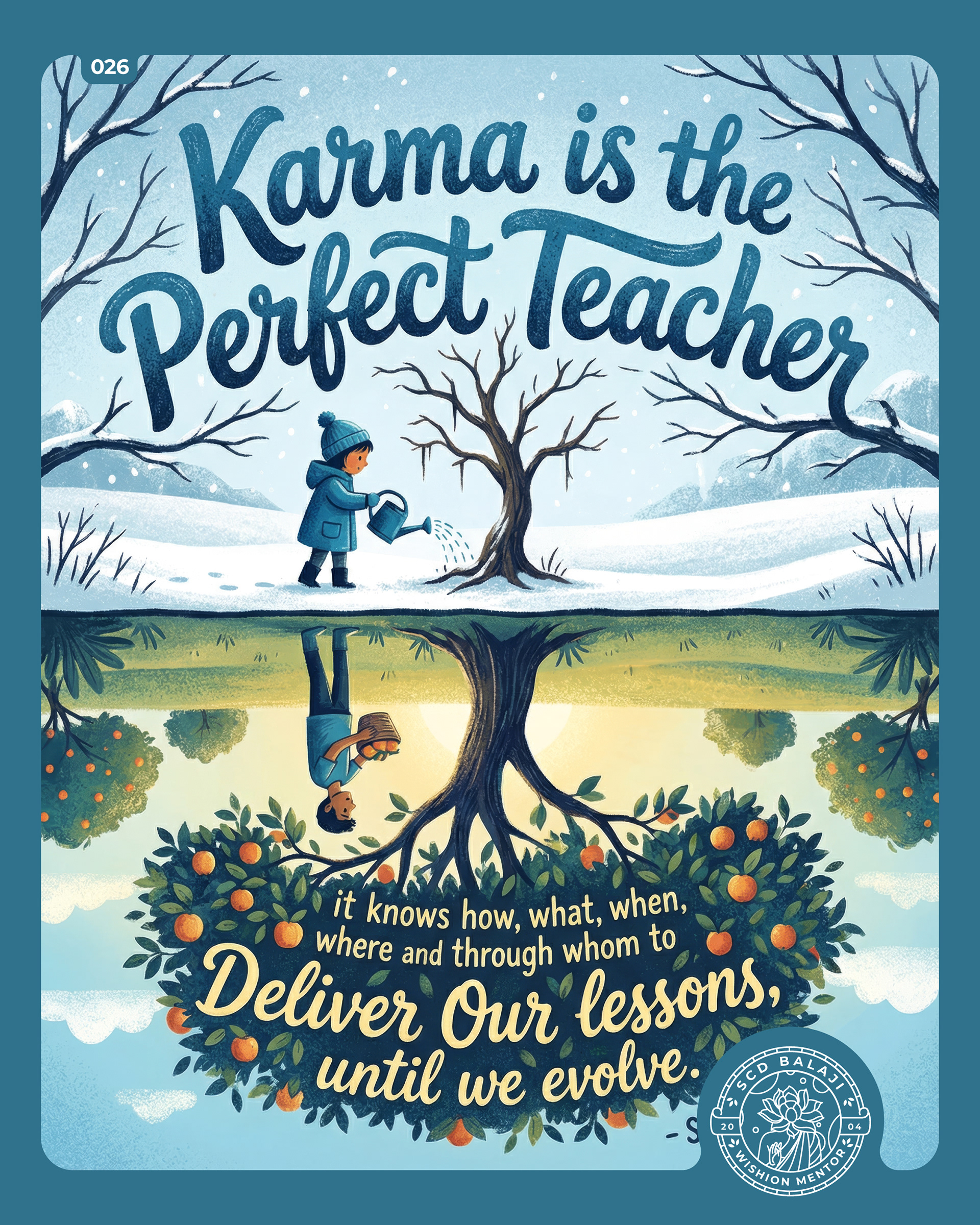 Illustrative lettering poster with the quote “Karma is the Perfect Teacher…” by SCD Balaji featuring a mirrored composition split by a horizontal horizon. The top half shows a person sowing seeds beside a growing tree, while the inverted bottom half shows the same person harvesting fruit from the same tree. The shared trunk connects both scenes, forming a continuous visual cycle that symbolizes the cause-and-effect nature of karma.