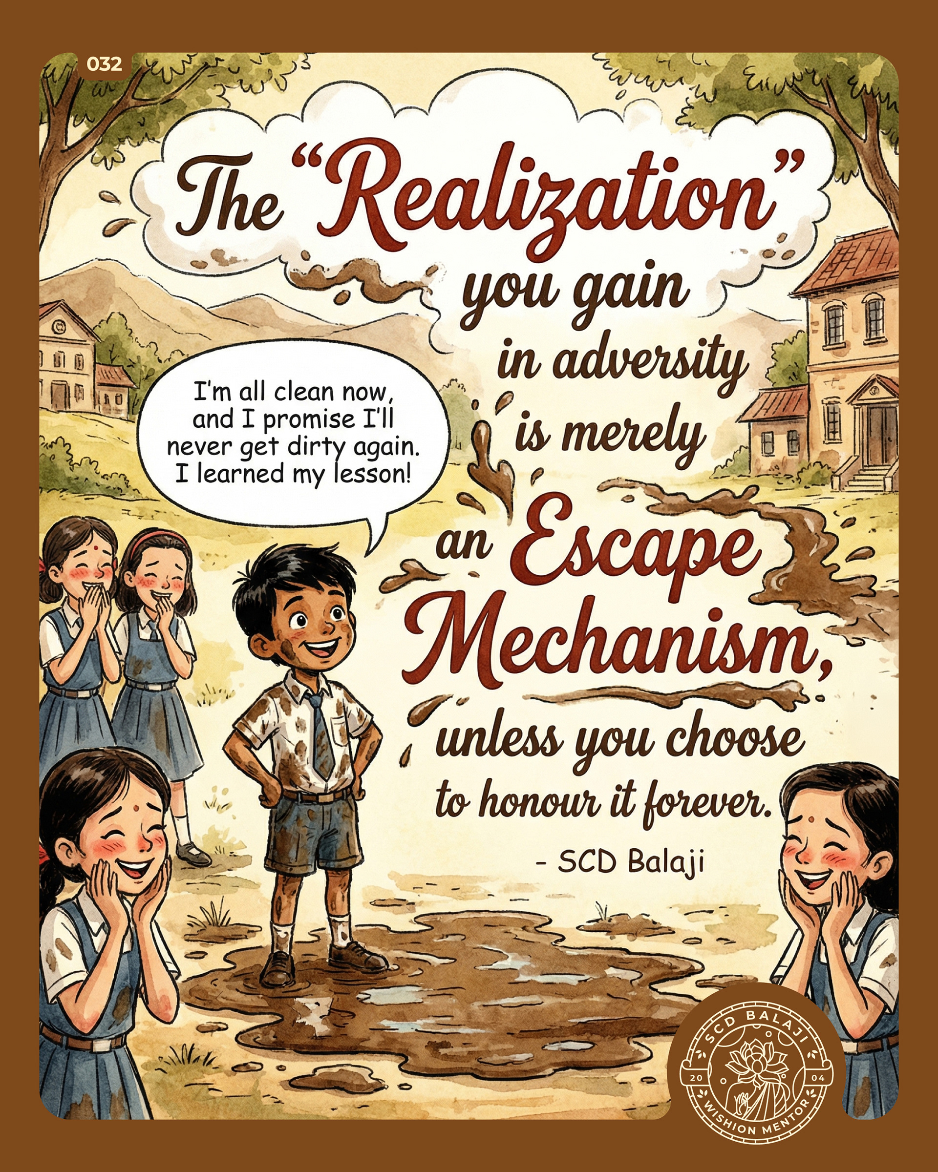 Illustrative lettering poster with the quote “The ‘Realization’ you gain in adversity is an Escape Mechanism…” by SCD Balaji features a playful scene of a small Indian schoolboy covered in mud, standing near a puddle and confidently declaring, “I’m all clean now, and I promise I’ll never get dirty again. I learned my lesson!” Nearby, a group of schoolgirls laugh with amused expressions. This visualisation portrays humor and innocence to symbolize temporary realisation versus lasting transformation.