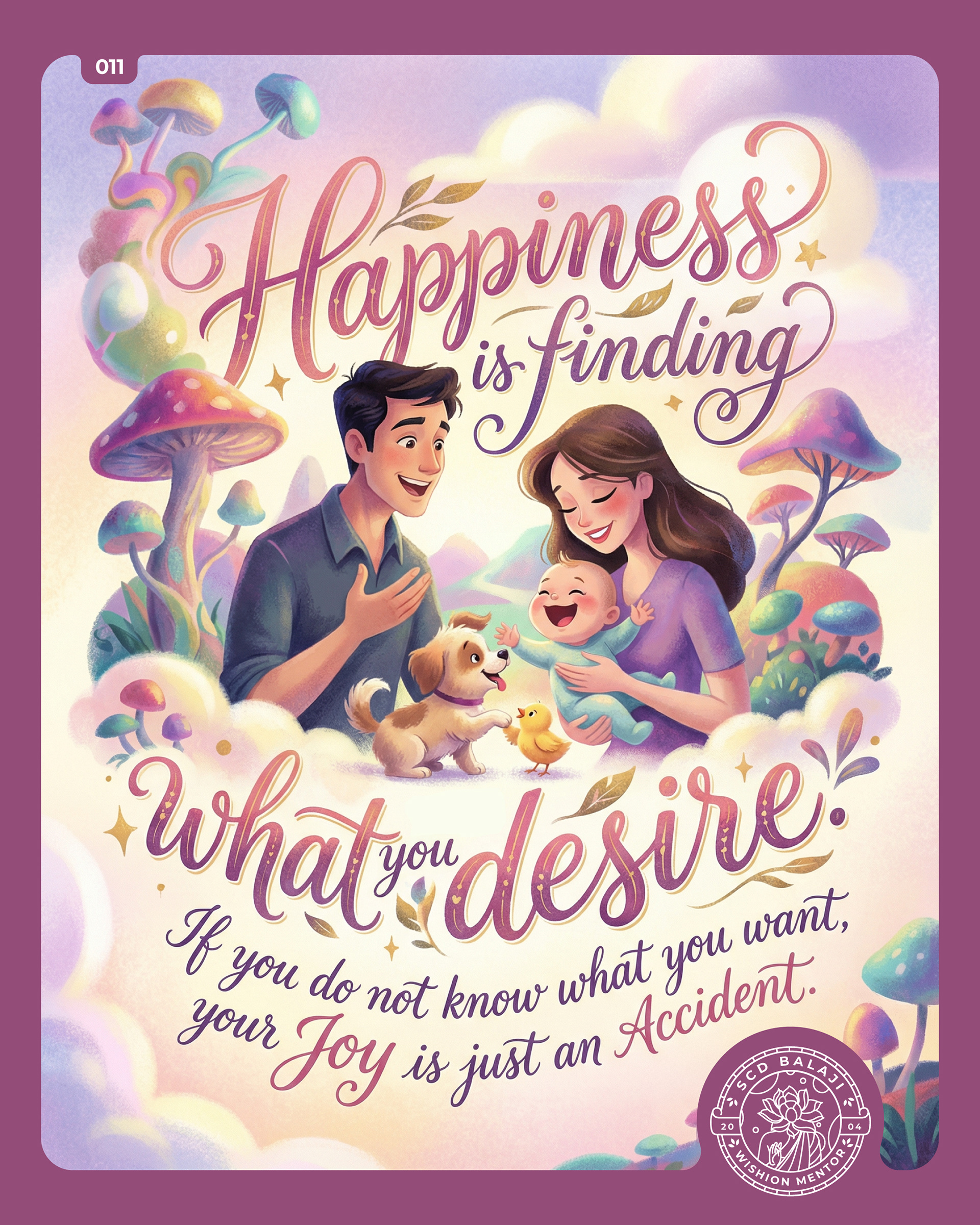 Illustrative lettering poster on happiness and desire – SCD Balaji, depicting a whimsical family moment centered on joy and intention. The artwork shows smiling parents, a laughing baby, a playful puppy, and a small duck in a dreamy, pastel fantasy landscape filled with soft clouds and mushroom-like trees. Rendered in gentle pinks, purples, and warm tones with elegant hand-lettering, the scene symbolizes clarity of desire, conscious happiness, family warmth, and intentional joy.