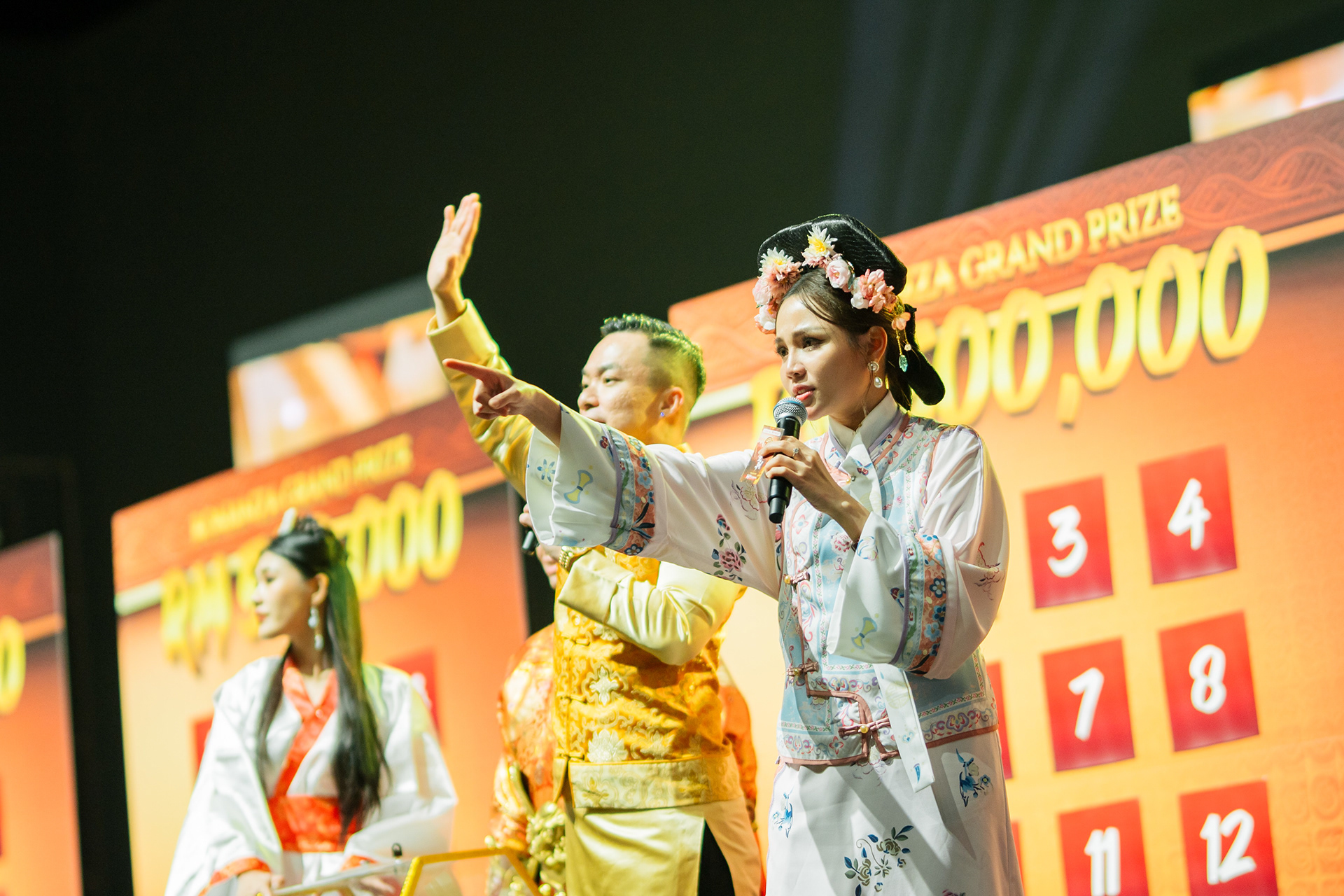 Emcee hosting a Dynasty-themed dinner, with elegant decorations and guests immersed in a regal, cultural atmosphere.