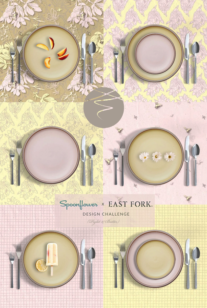 Spoonflower and East Fork Poster with "Spring Forward" as table cloths. Credits: Freepic for food, Spoonflower for cutlery, East Fork for pottery