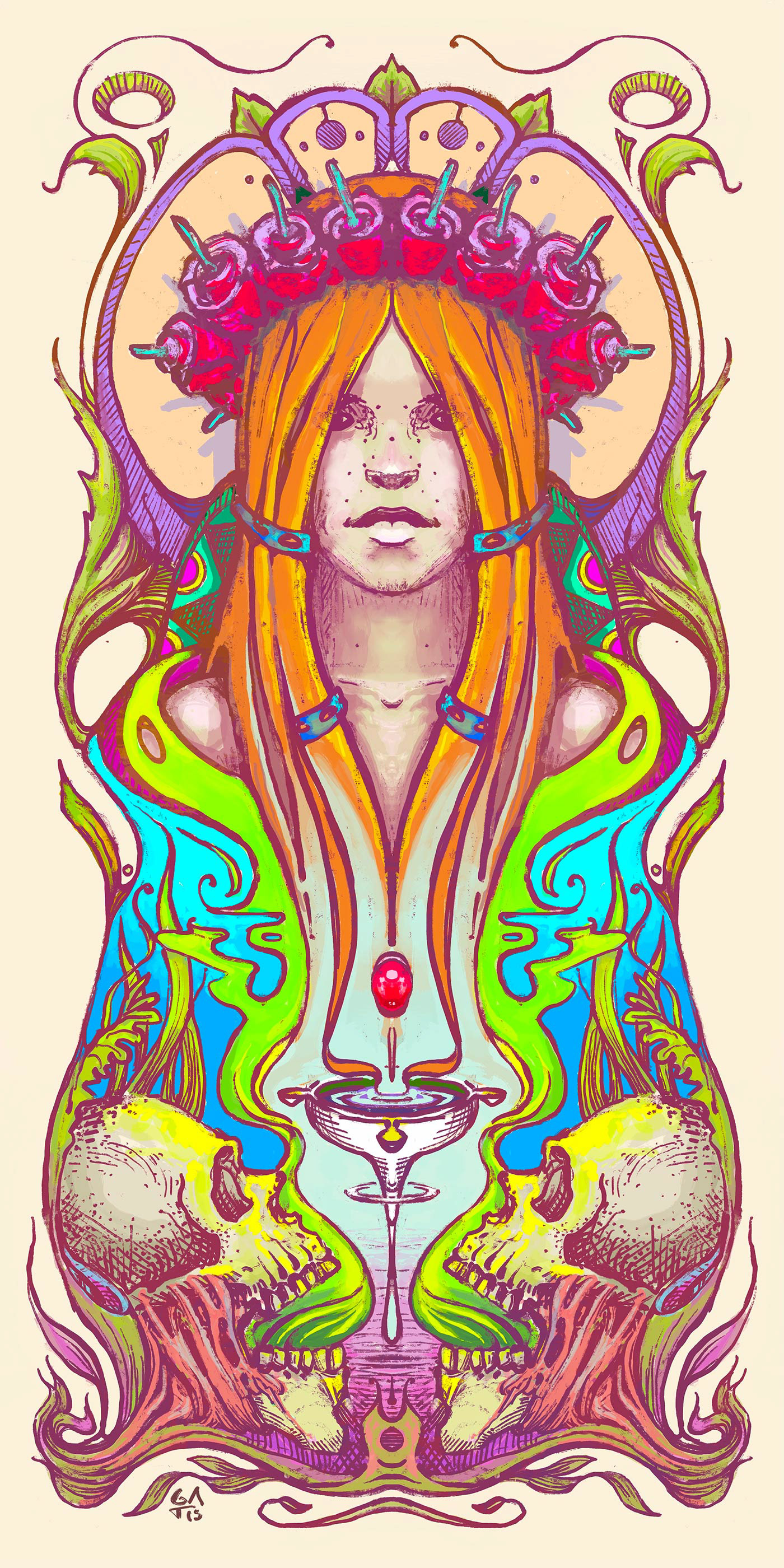 Gatis Cirulis, artist, Red Pearl, psychedelic, girl, scull, digital painting
