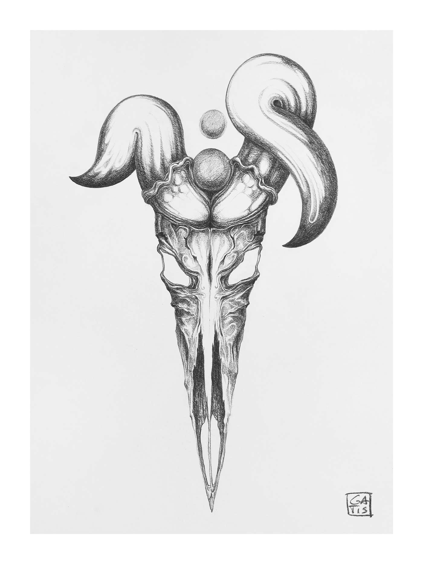 ox, Gatis Cirulis, scull, art, drawing, surreal, magical, surreal, scull, horns, eery 