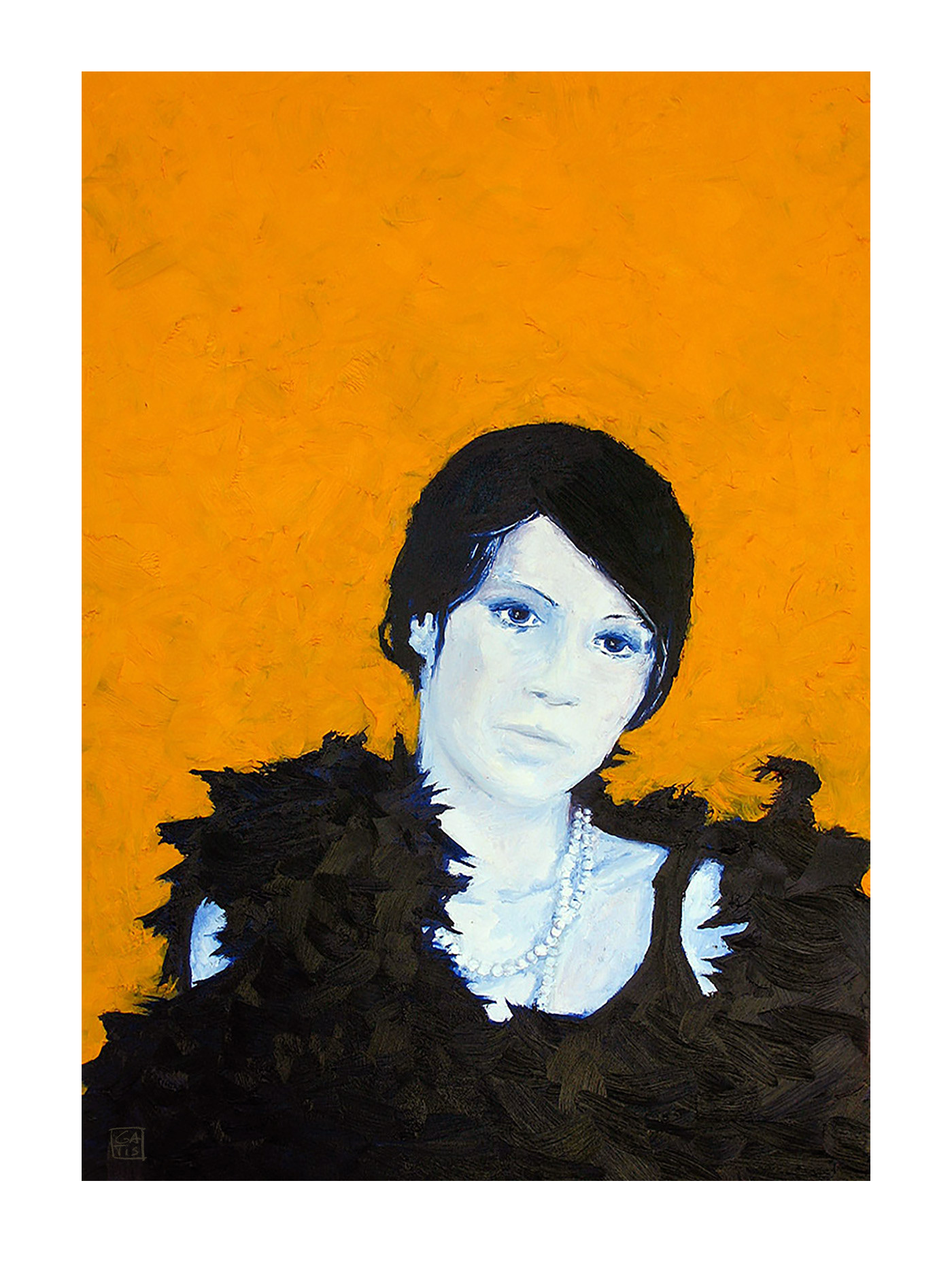 mist, paining, Gatis Cirulis, portrait, yellow, blue, black dress
