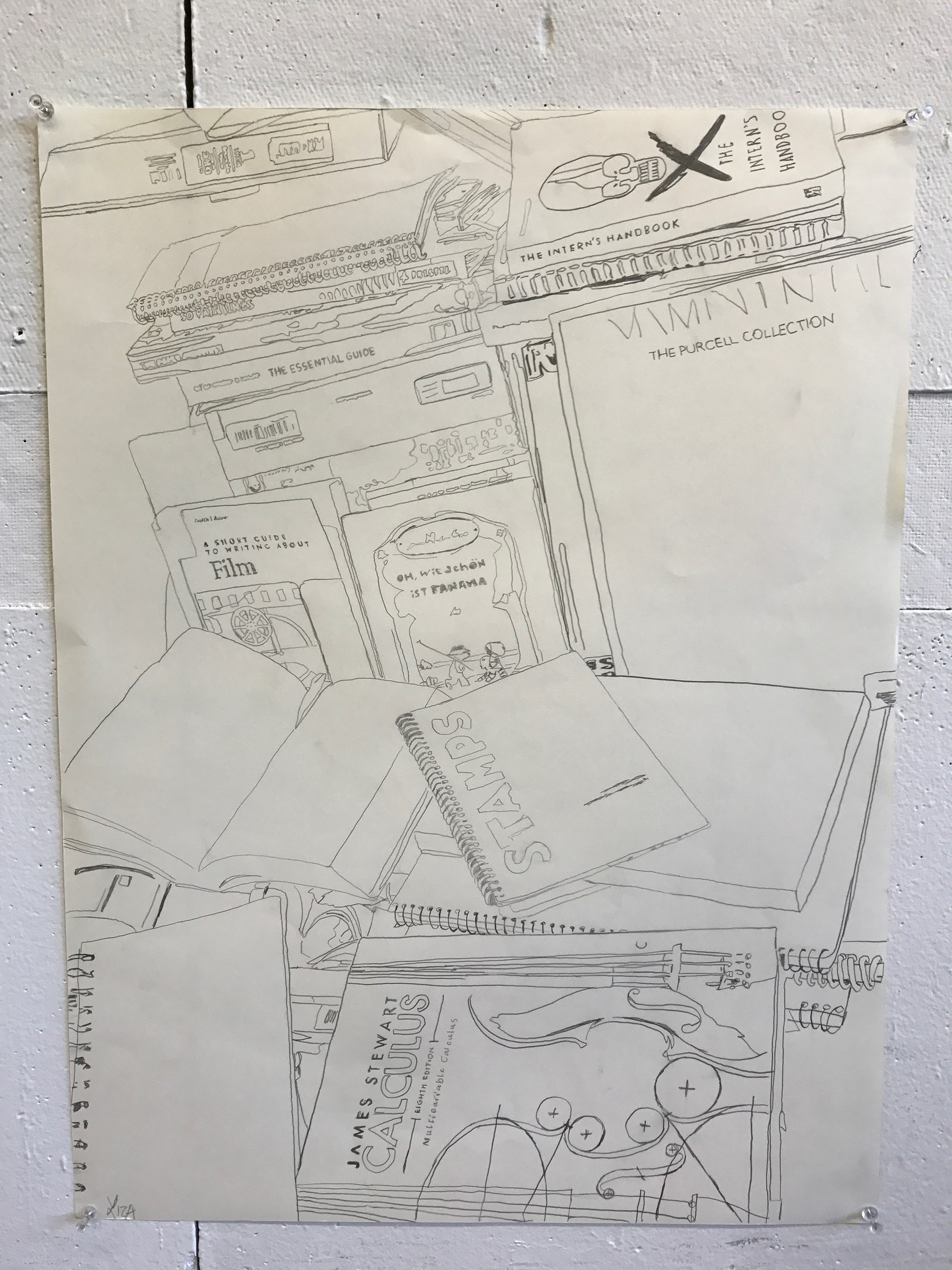 Book topography: Eye level, repetition, movement, and invention using closely related forms . Extended line drawing of books--opened, stacked, tilted, fanned, composed so that they become a landscape through which the viewer is invited to move and explore. Pencil on Paper. October 2ng 2017.