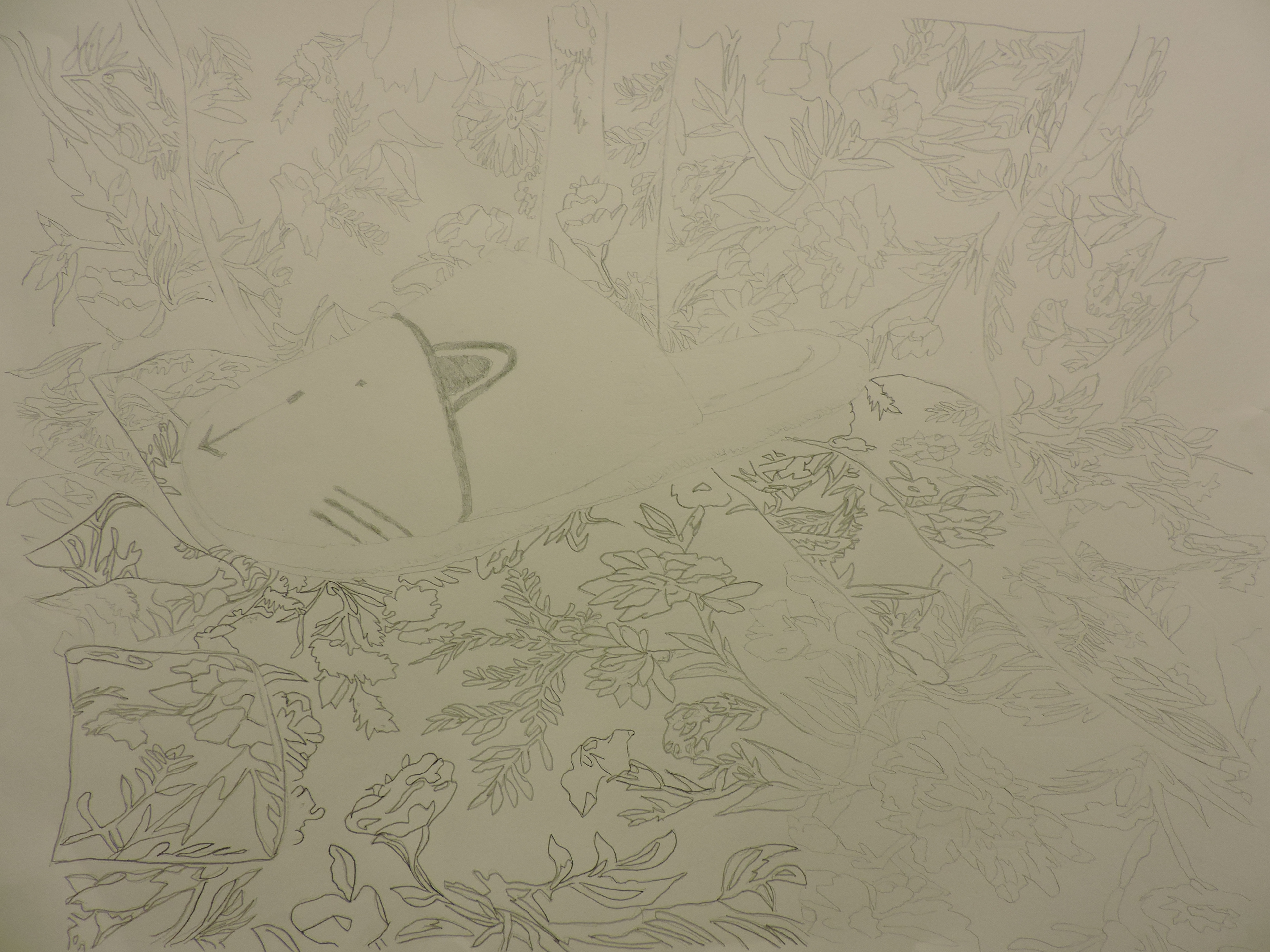 Contour drawing of organic forms on a patterned surface. Pencil on Paper  September 14th 2017