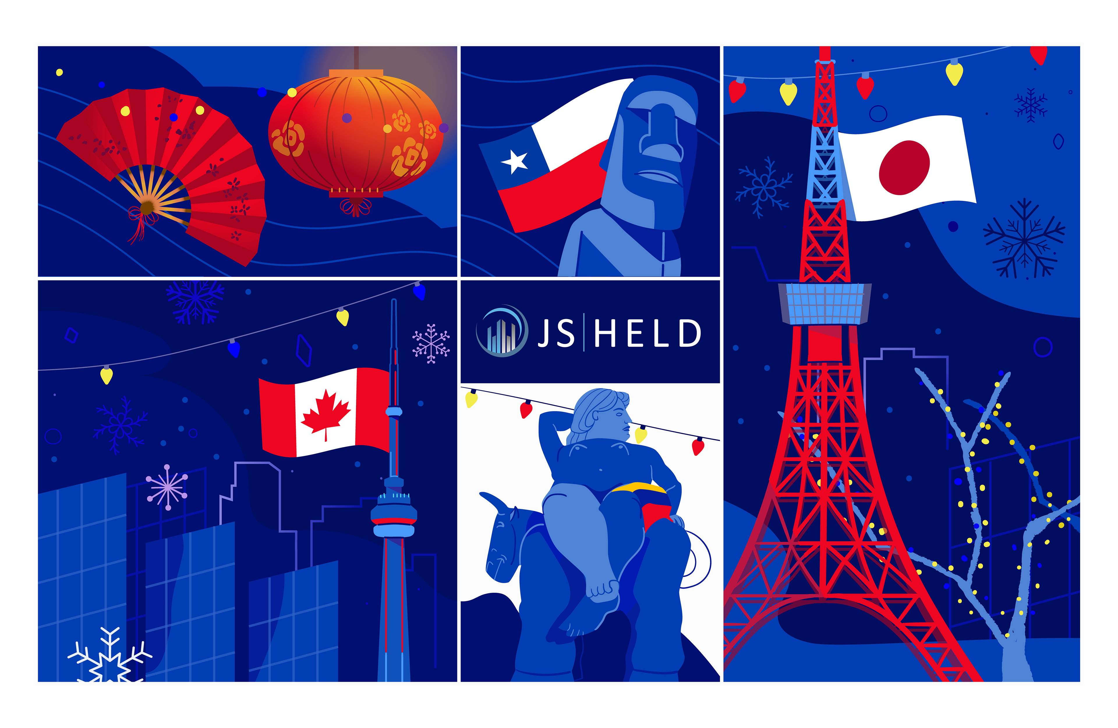 Holiday Card design with illustrations of meaningful iconographies such as the London Eye, a Mexican Piñata, Botero's fat ladies, the CN Tower, and the Statue of Liberty, its color is blue, red, purple, and a pinch of white for details.