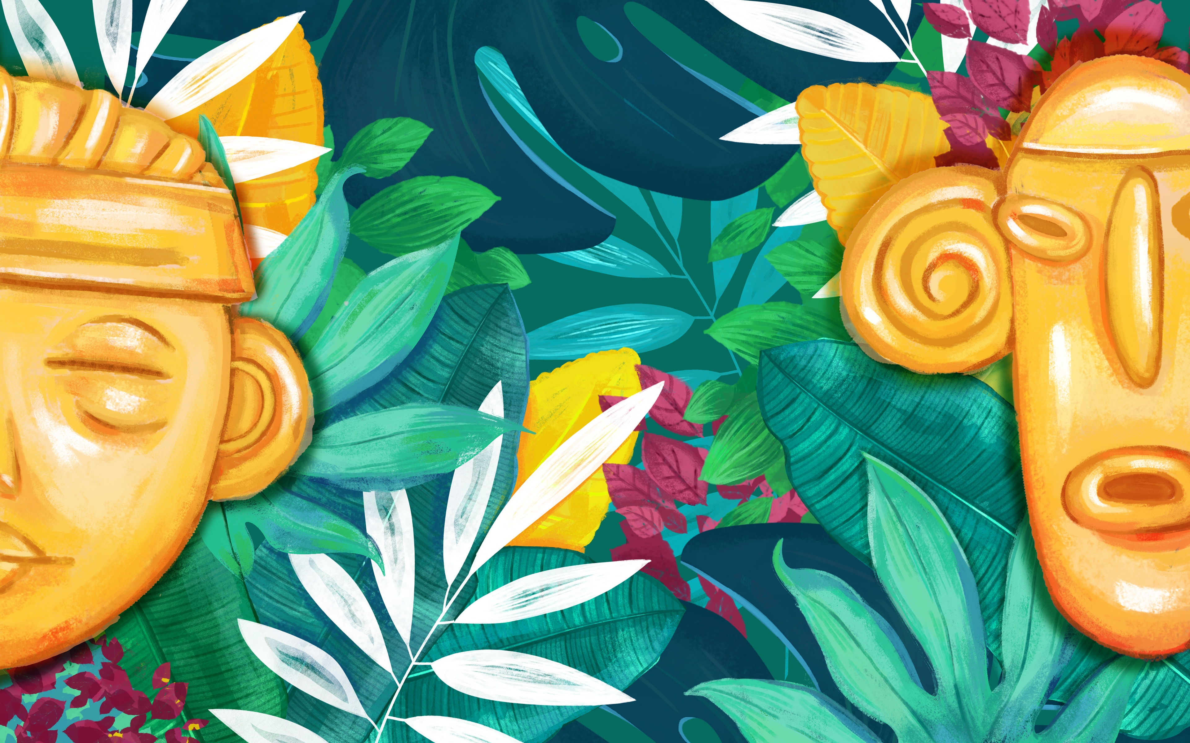 Two different golden Muisca tokens and green leaves behind