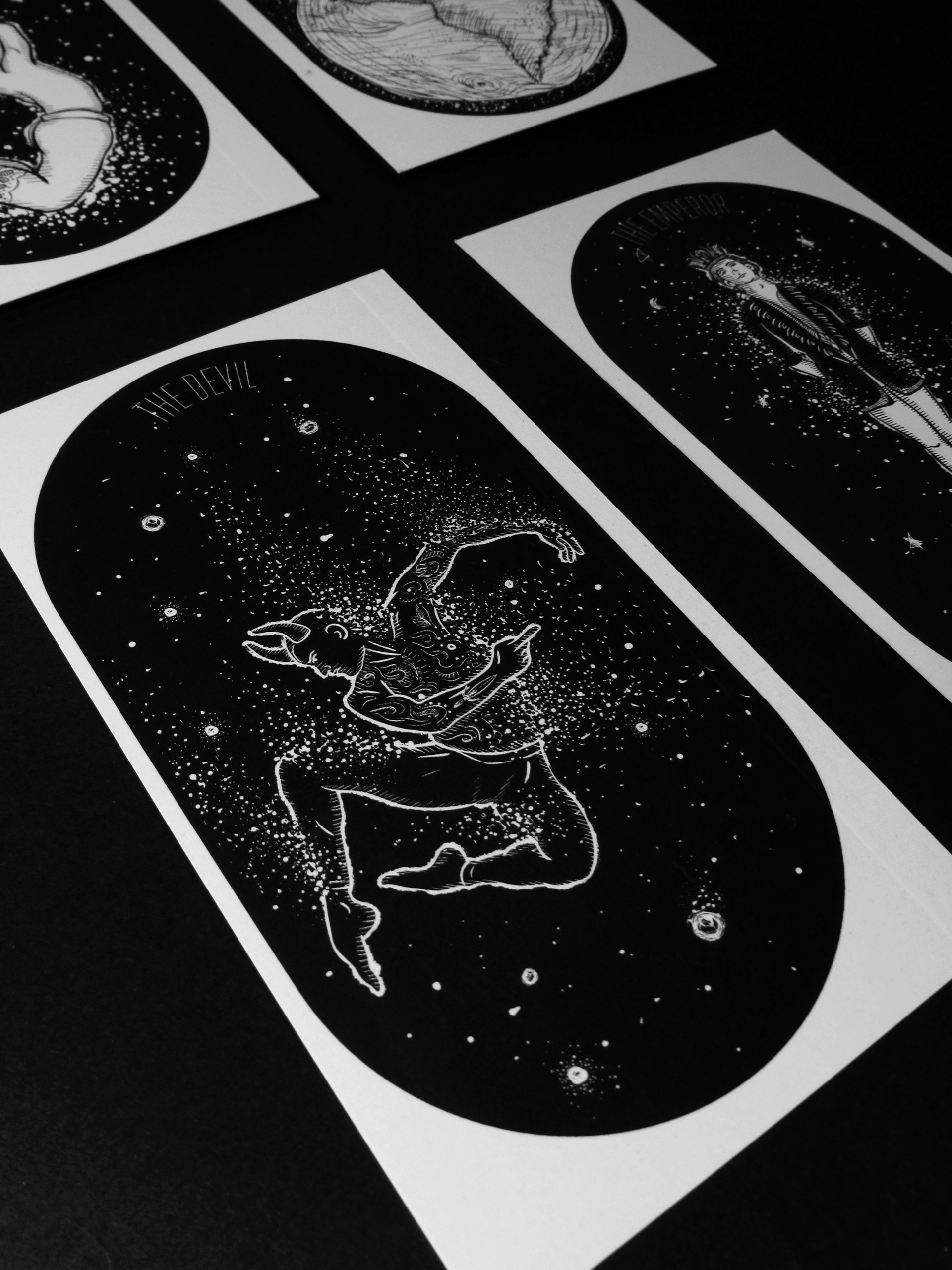 Cosmic Tarot with stars, galaxies and The Devil card illustration.