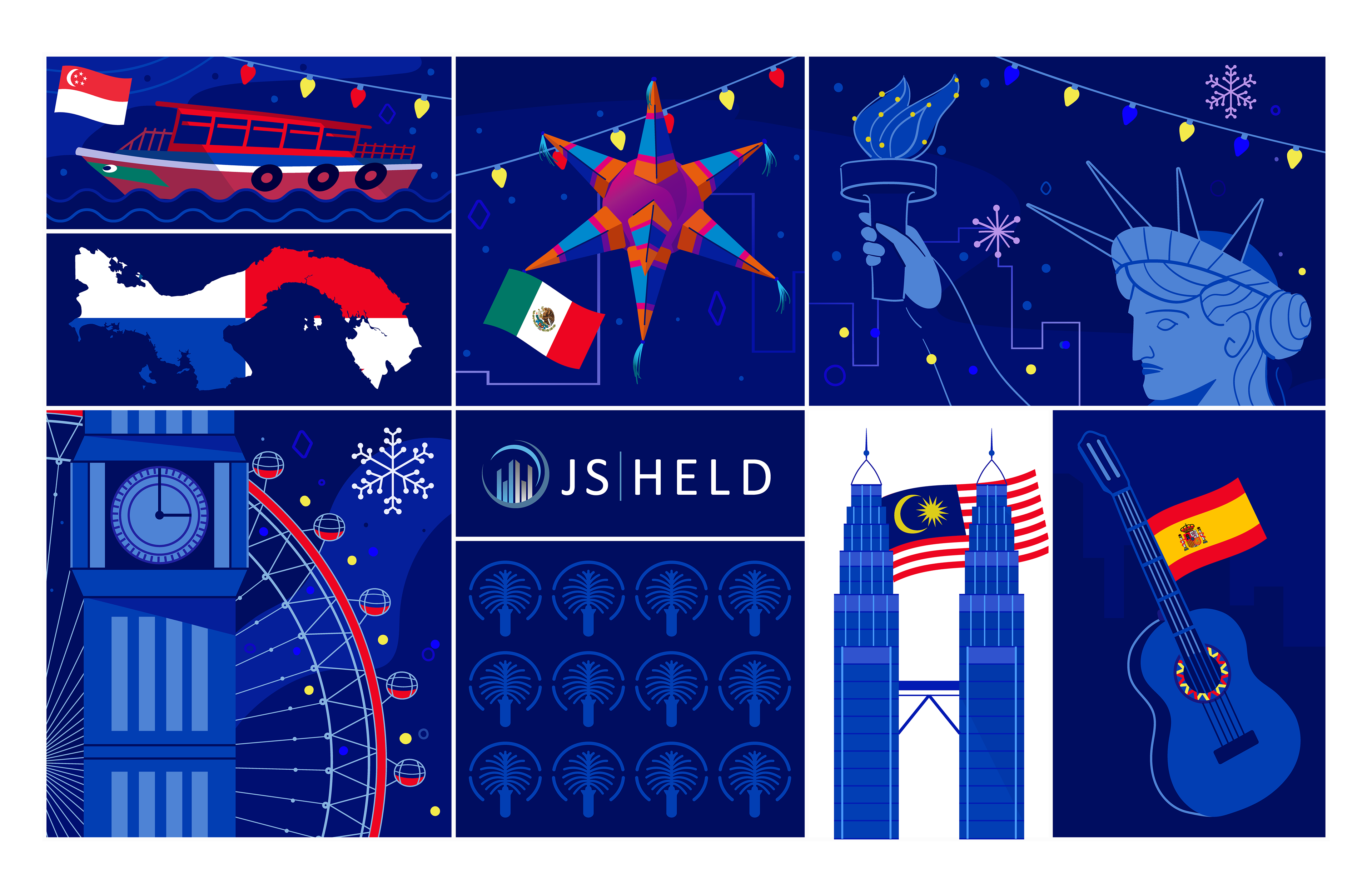 Holiday Card design with illustrations of meaningful iconographies such as the London Eye, a Mexican Piñata, Botero's fat ladies, the CN Tower, and the Statue of Liberty, its color is blue, red, purple, and a pinch of white for details.
