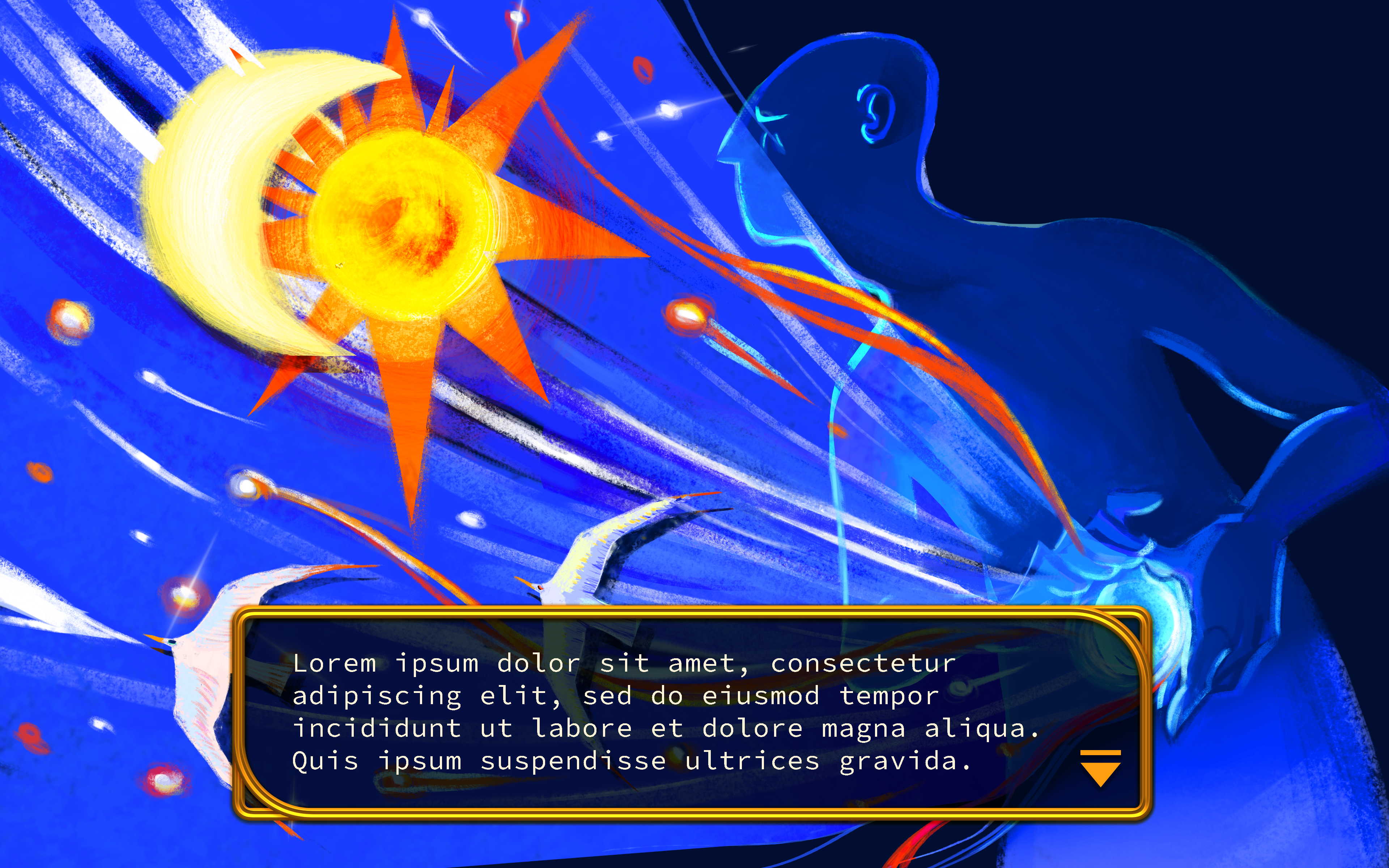 Illustration of a blue spirit with a mystic hole in its belly where the sun and the moon are coming off.