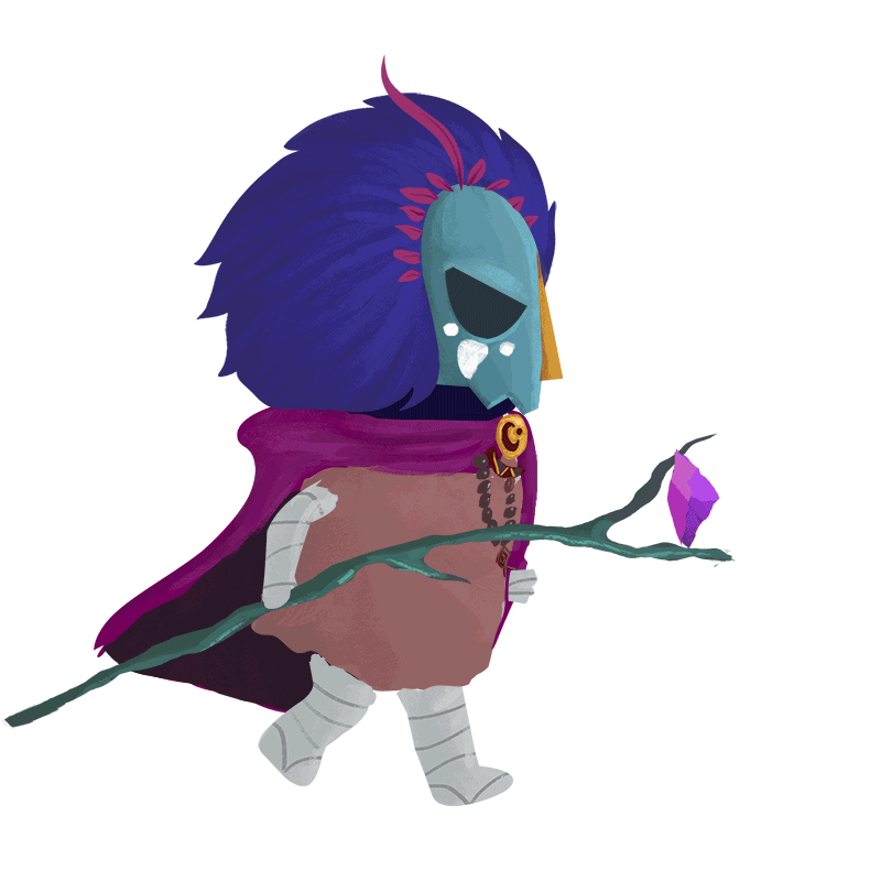 KIMU Videogame main character, who is a tiki-like warrior with purple feathers on their head and an ocean green mask and he is holding a magic stick.