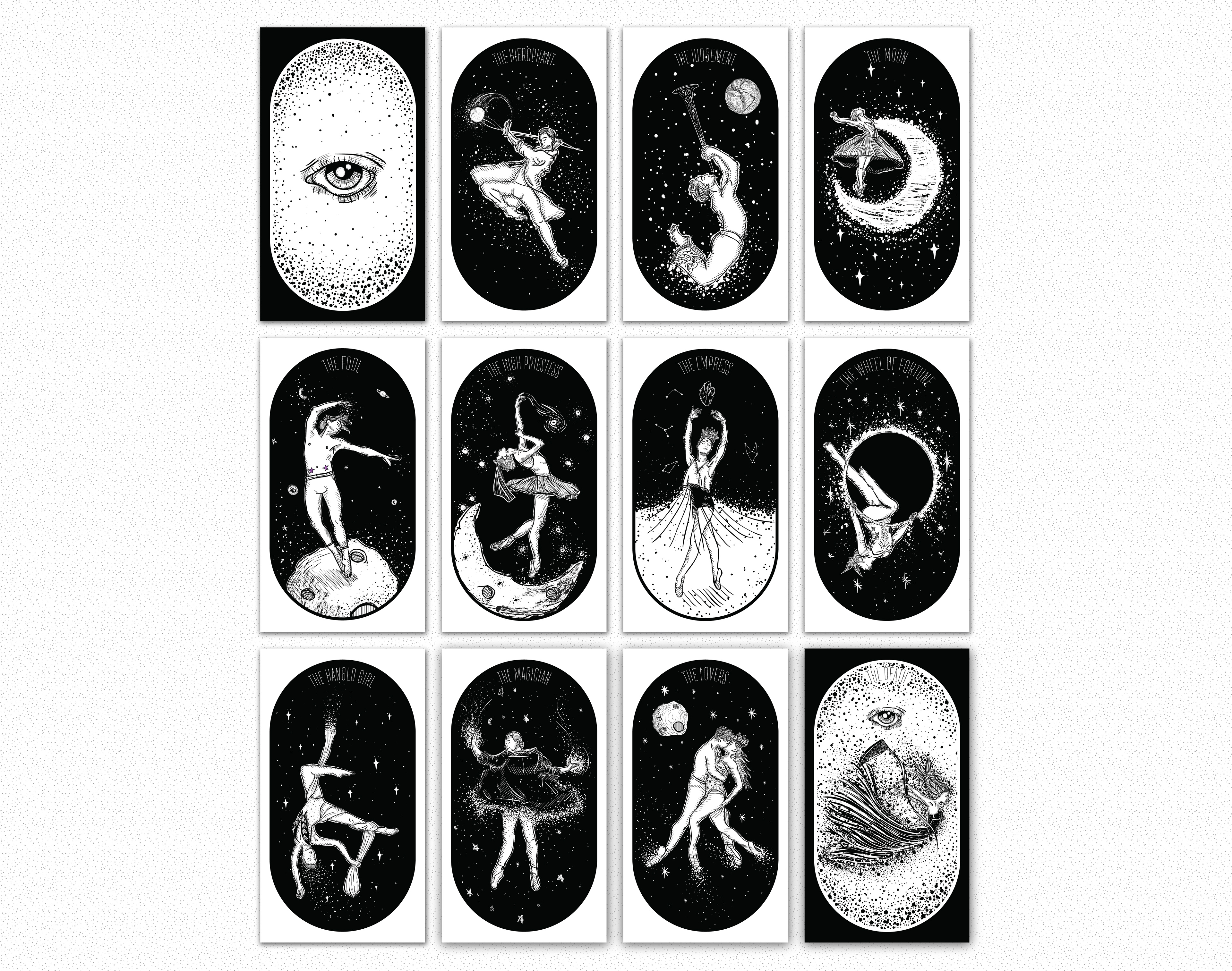 Multiple Cosmic Tarot cards with stars, composed of black and white colors illustrations.