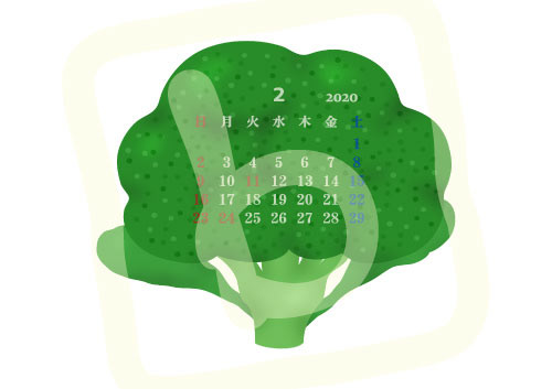 2020年2月カレンダー「ブロッコリー」季節の野菜シリーズ A4・横〔JPG／PNG／WORD〕