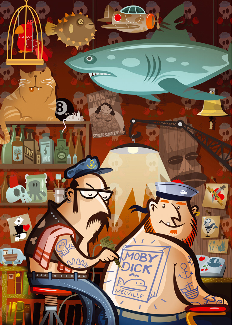 Illustration; funny; children`s book; cartoon; tattoo; moby dick