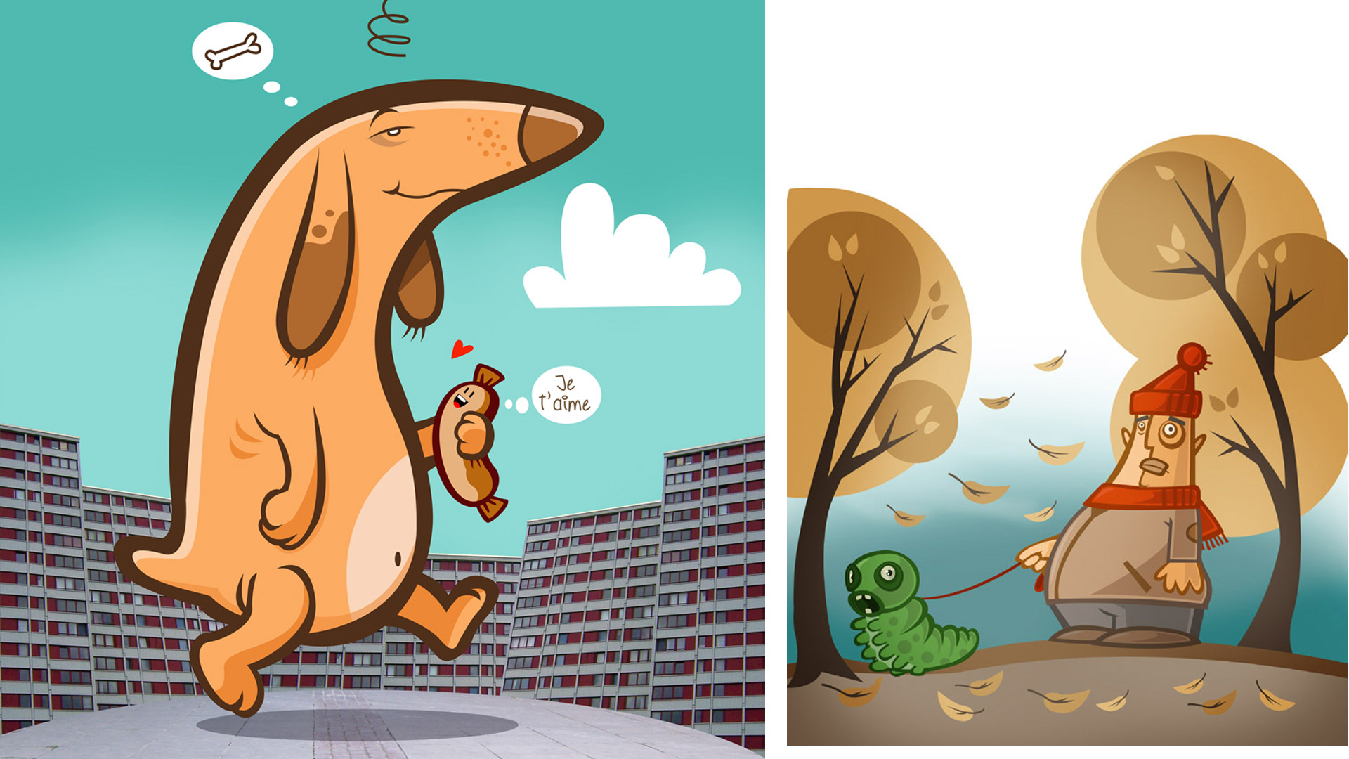  Illustration; funny; children`s book; dog, hot dog, caterpillar