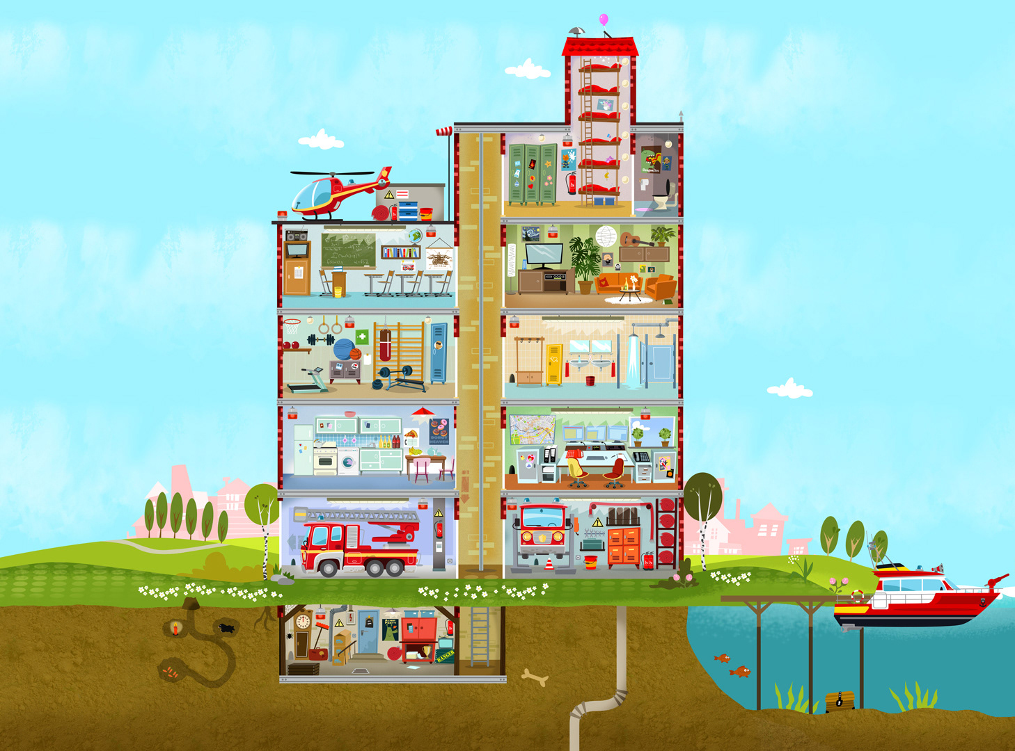 Kids app; children`s book; Wimmelbild; fire station
