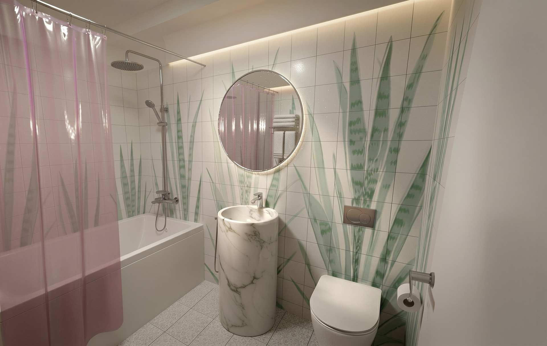 Contemporary bathroom renovation for rental property - High-end material simulation and compact functional design.