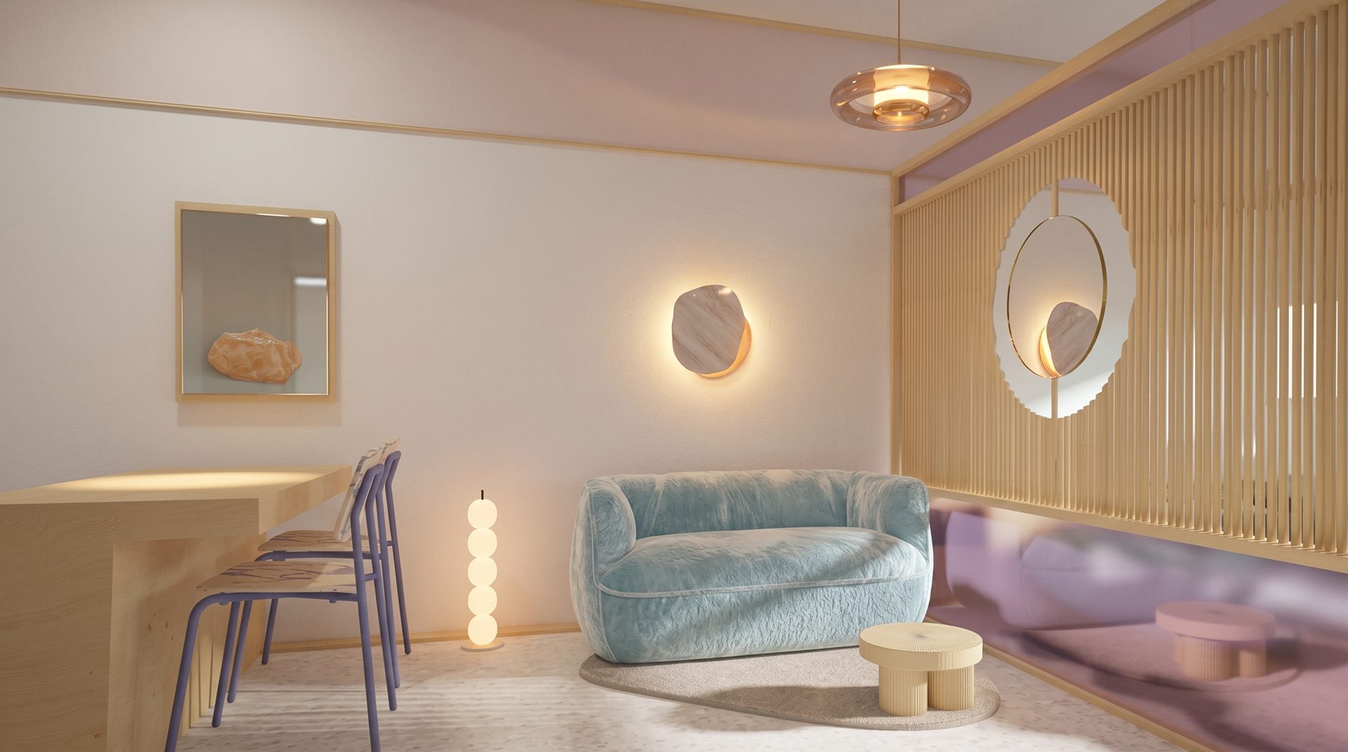 Modern studio apartment interior design for short-term rental - Bright and functional living space visualization by Sol Ultramar.