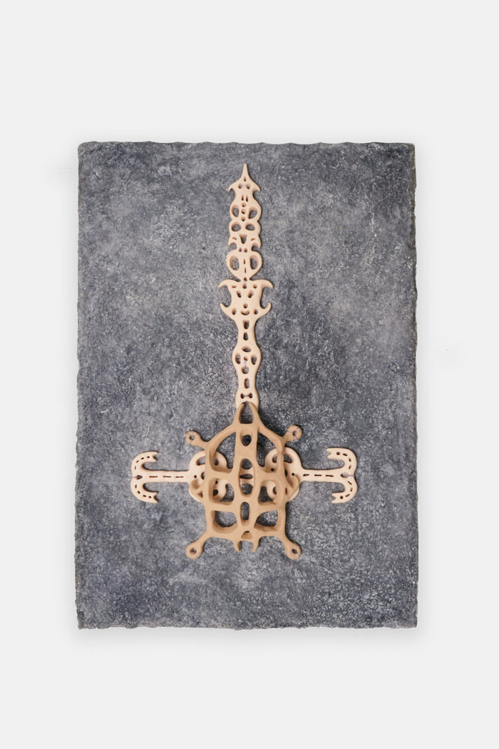 Untitled, 2024, paper mâché, plaster, polymer clay, thread, oak gall ink on canvas, 15 3/4  x 11 in. (40 x 27.9 cm).