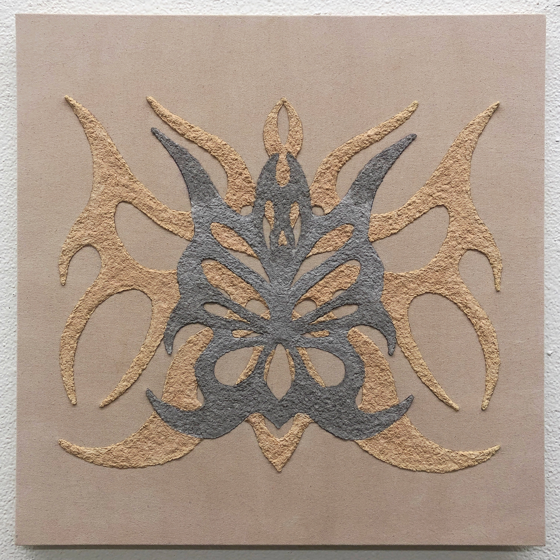 Shapeshifter, 2023,  avocado seed dye, oak gall ink, dried avocado leaf and orange leaf dye, paper pulp on canvas, 24 x 24 in. (60.9 x 60.9 cm). 