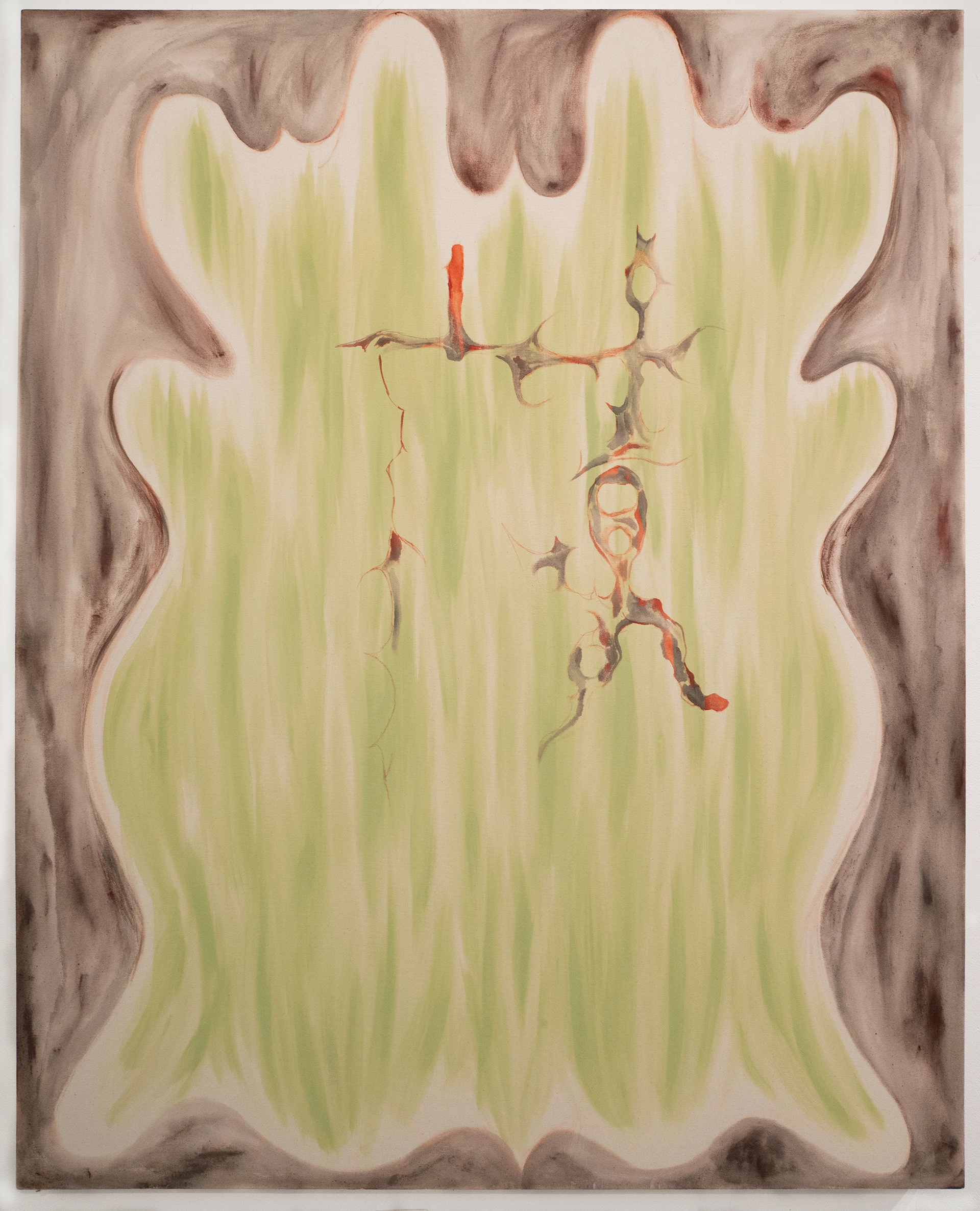 Untitled, 2019, cochineal pigment and flashe on canvas, 60 x 48 in. (152.4 x 121.9 cm).