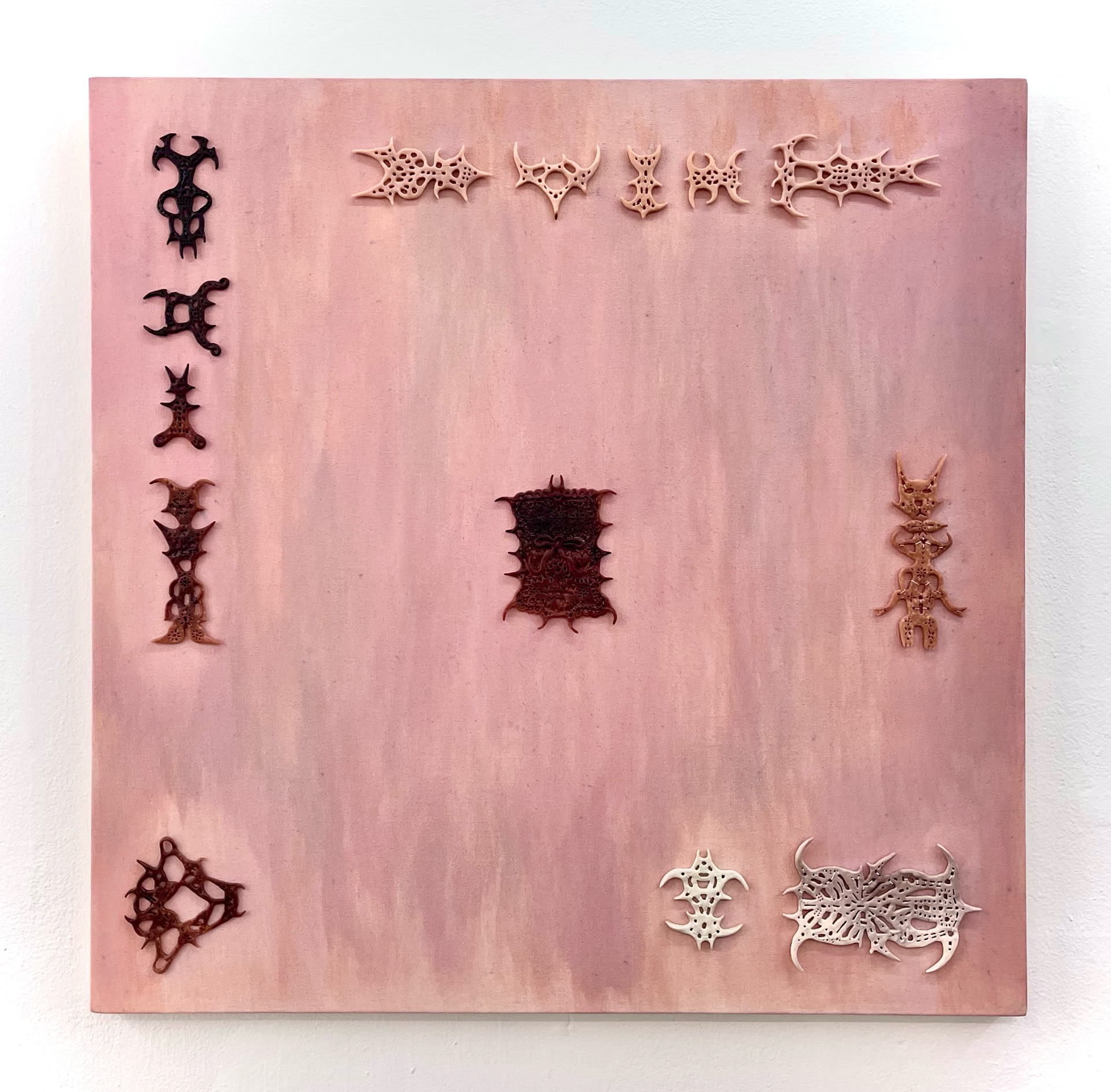 Untitled, 2023, cochineal pigment, oak gall ink, thread, and polymer clay on canvas, 36 x 36 in. (91.4 x 91.4 cm).
