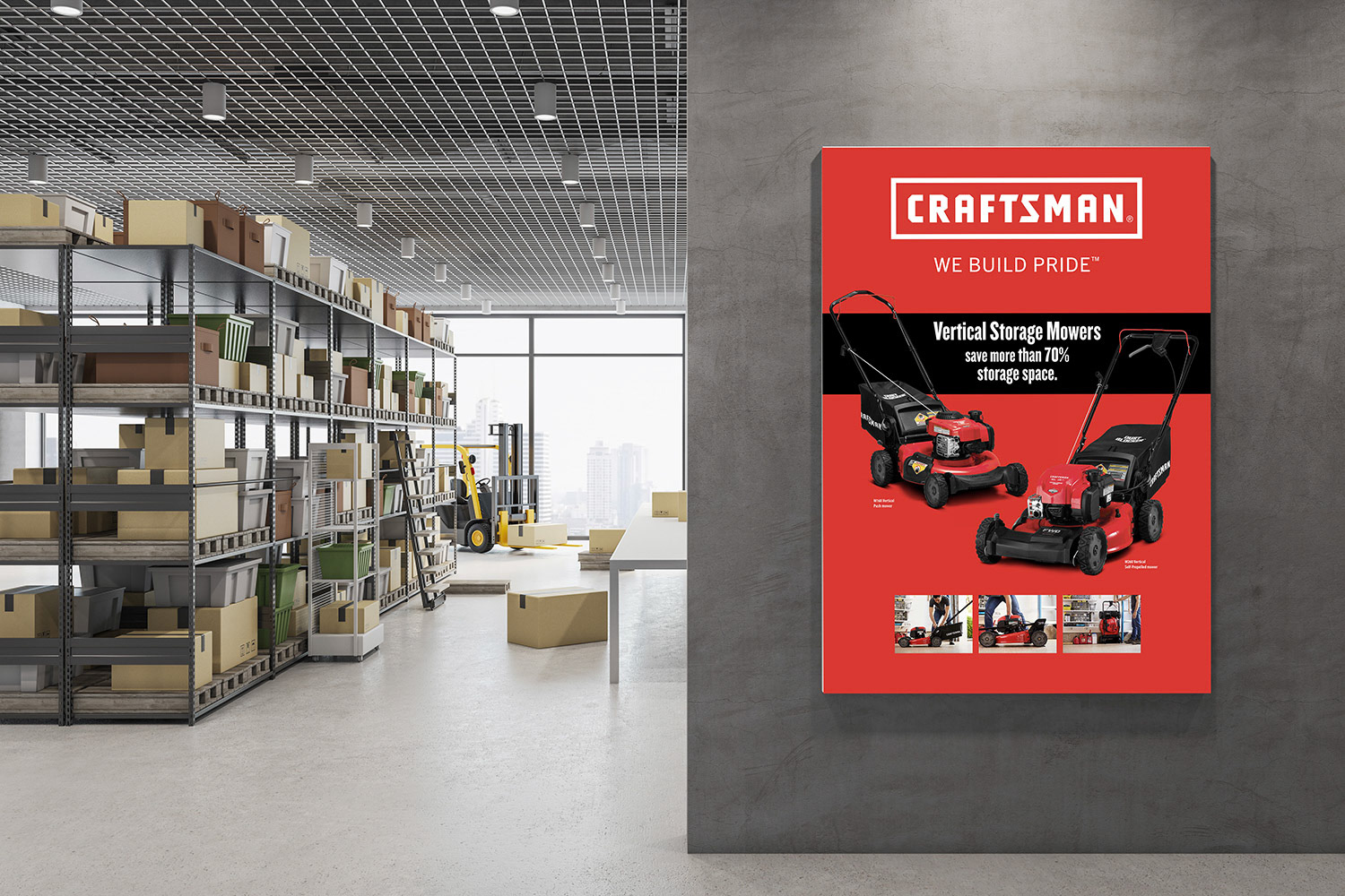 Craftsman warehouse interior with mock up banner on wall, racks, boxes, city view and daylight. Logistics and shipping concept. 3D Rendering.
