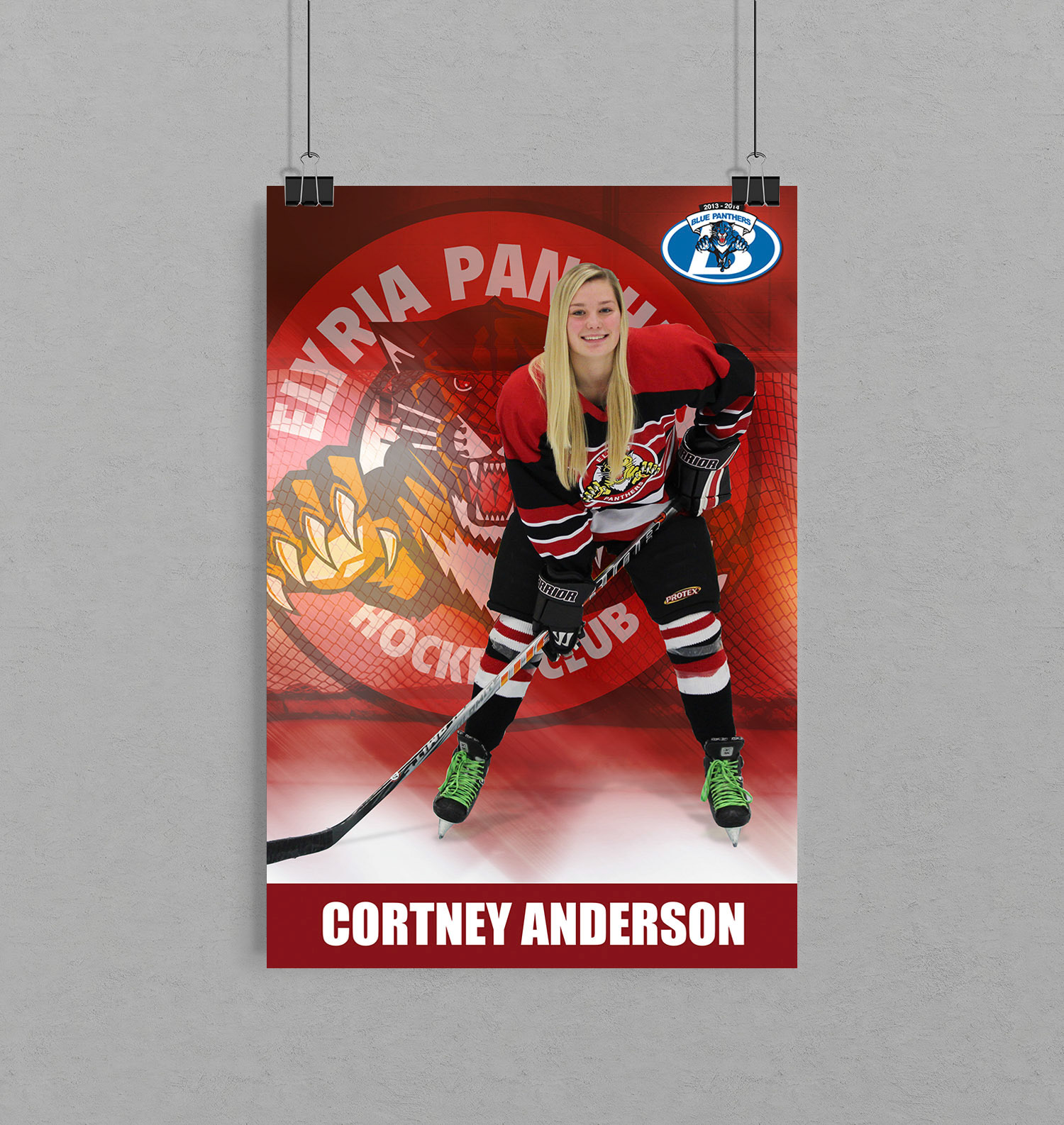 Elyria Senior Hockey poster 2014 hanging up with clips mockup