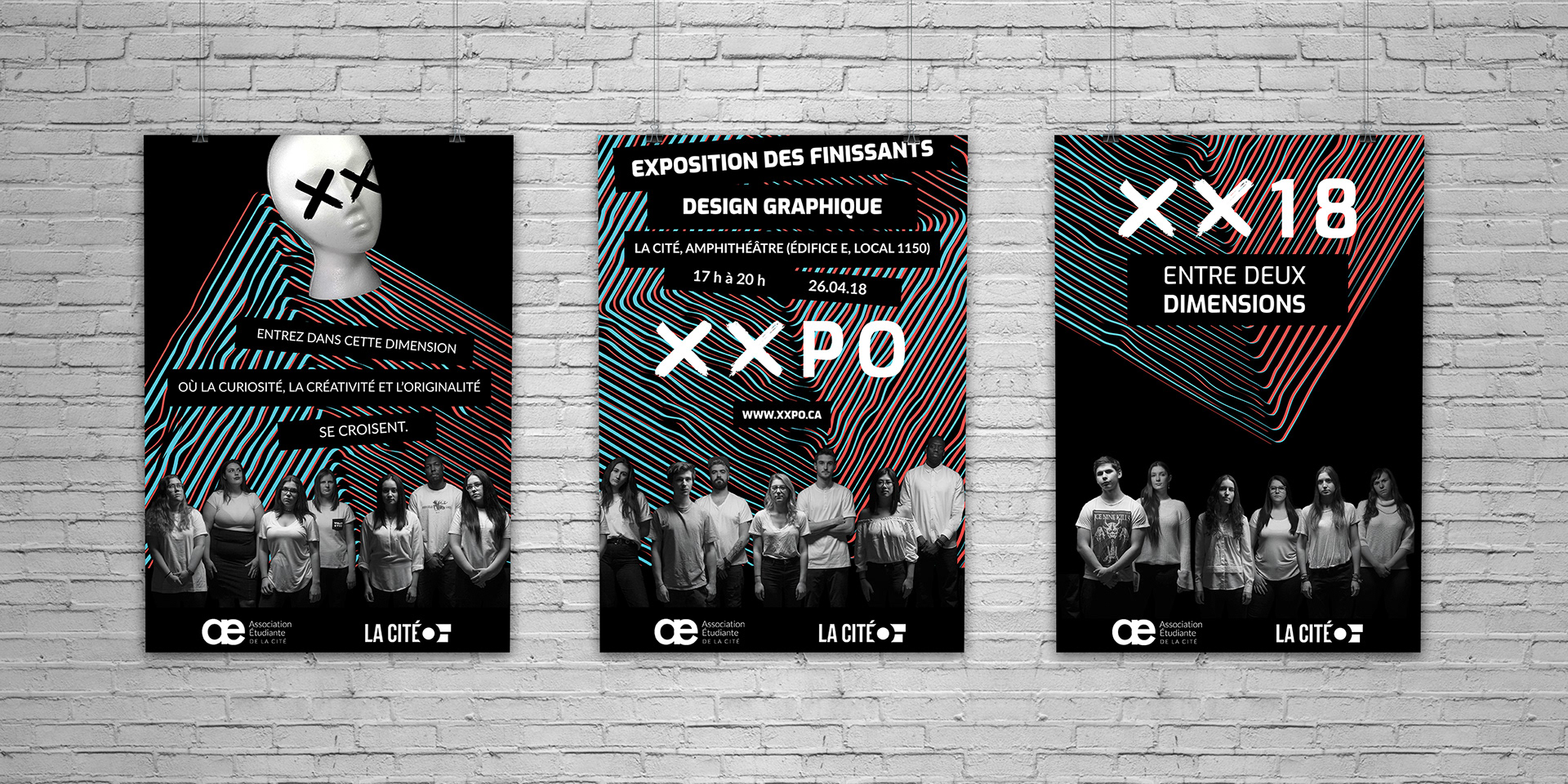 Three posters created for XXPO lined up horizontally on a white brick wall.