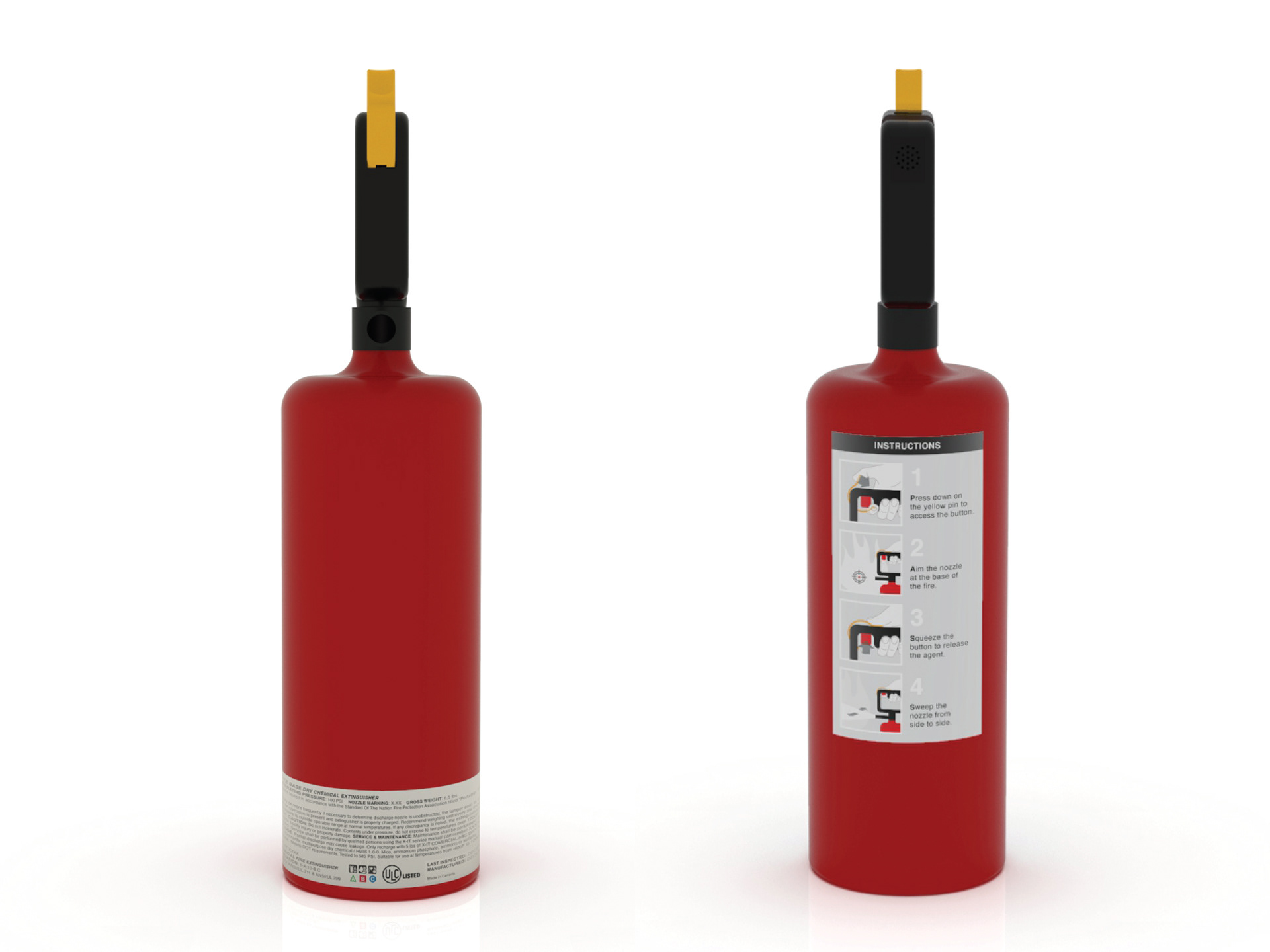 Left: front of the fire extinguisher with regulations. Right: back of the fire extinguisher with instructions.